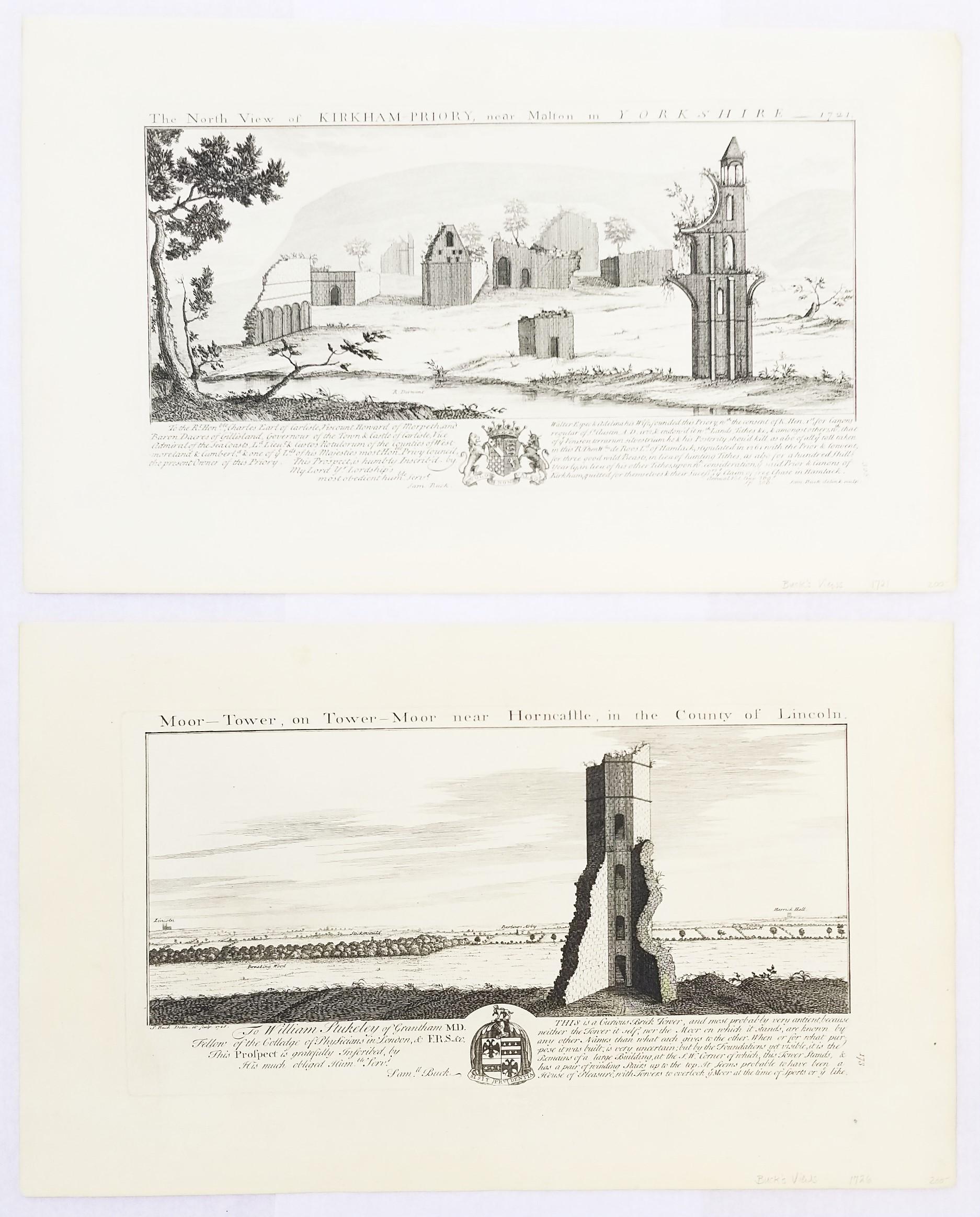 Samuel & Nathaniel Buck Landscape Print - "Moor Tower" and "Kirkham Priory" from "Buck's Antiquities" /// Architecture UK