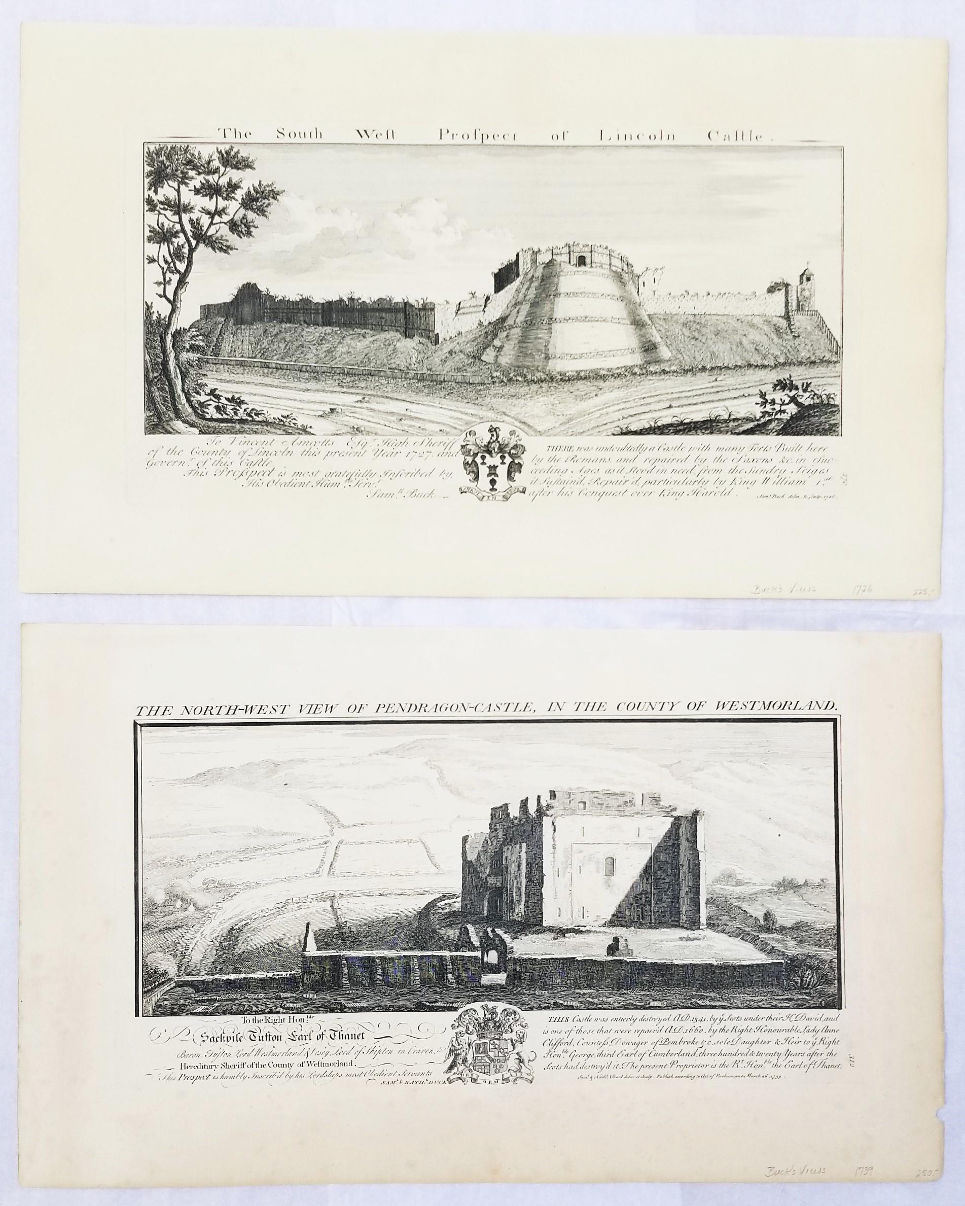 Landscape Print Samuel & Nathaniel Buck - "Pendragon Castle" et "Lincoln Castle" de "Buck's Antiquities" /// British UK