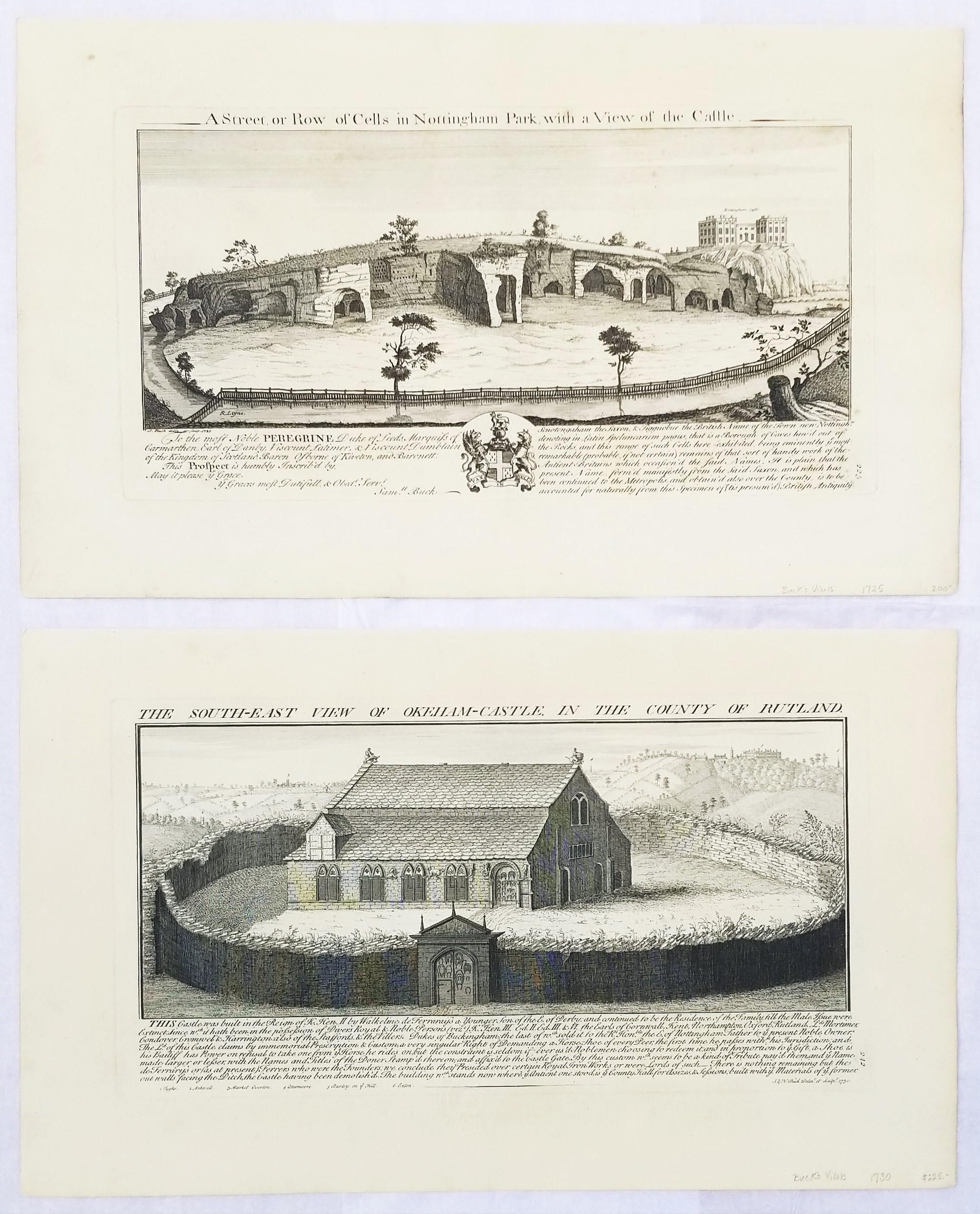 Landscape Print Samuel & Nathaniel Buck - "Oakham Castle" et "Nottingham Park/Castle" de "Buck's Antiquities" /// Royaume-Uni