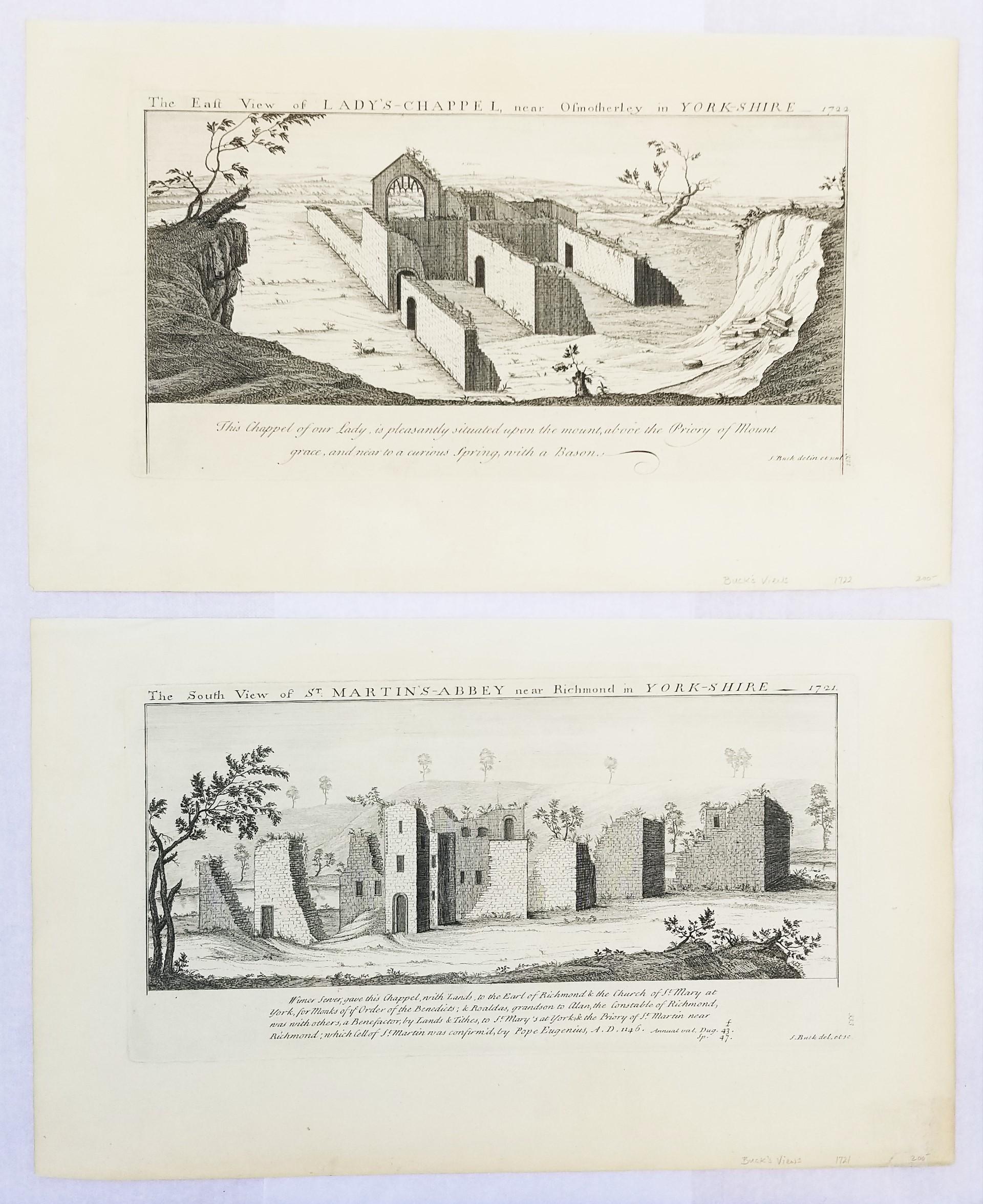 Landscape Print Samuel & Nathaniel Buck - « St. Martin's Abbey » et « Lady's Chappel » de « Buck's Antiquities » /// britannique
