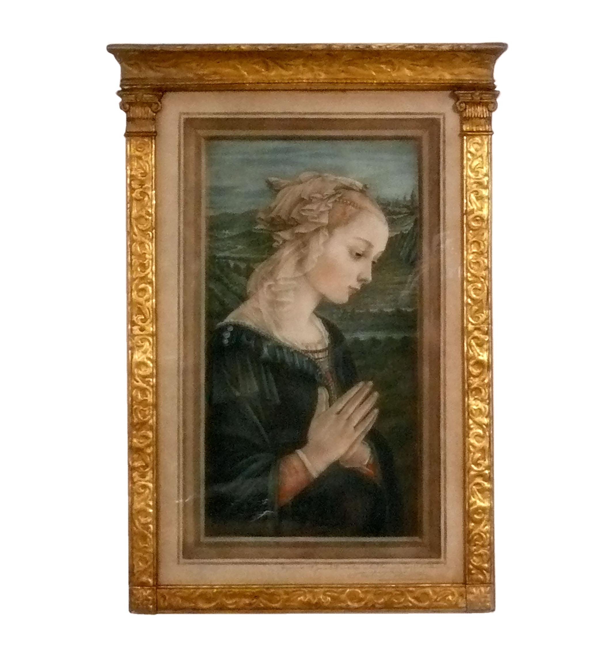 Auswahl farbiger Schabkunststiche des 19. Jahrhunderts von Samuel Arlent Edwards (britisch-amerikanisch, 1861-1935). 
1) Madonna in Anbetung, nach dem Original-Ölgemälde des Florentiner Künstlers Fra Filippo Lippi (um 1406-1469). In einem Rahmen aus