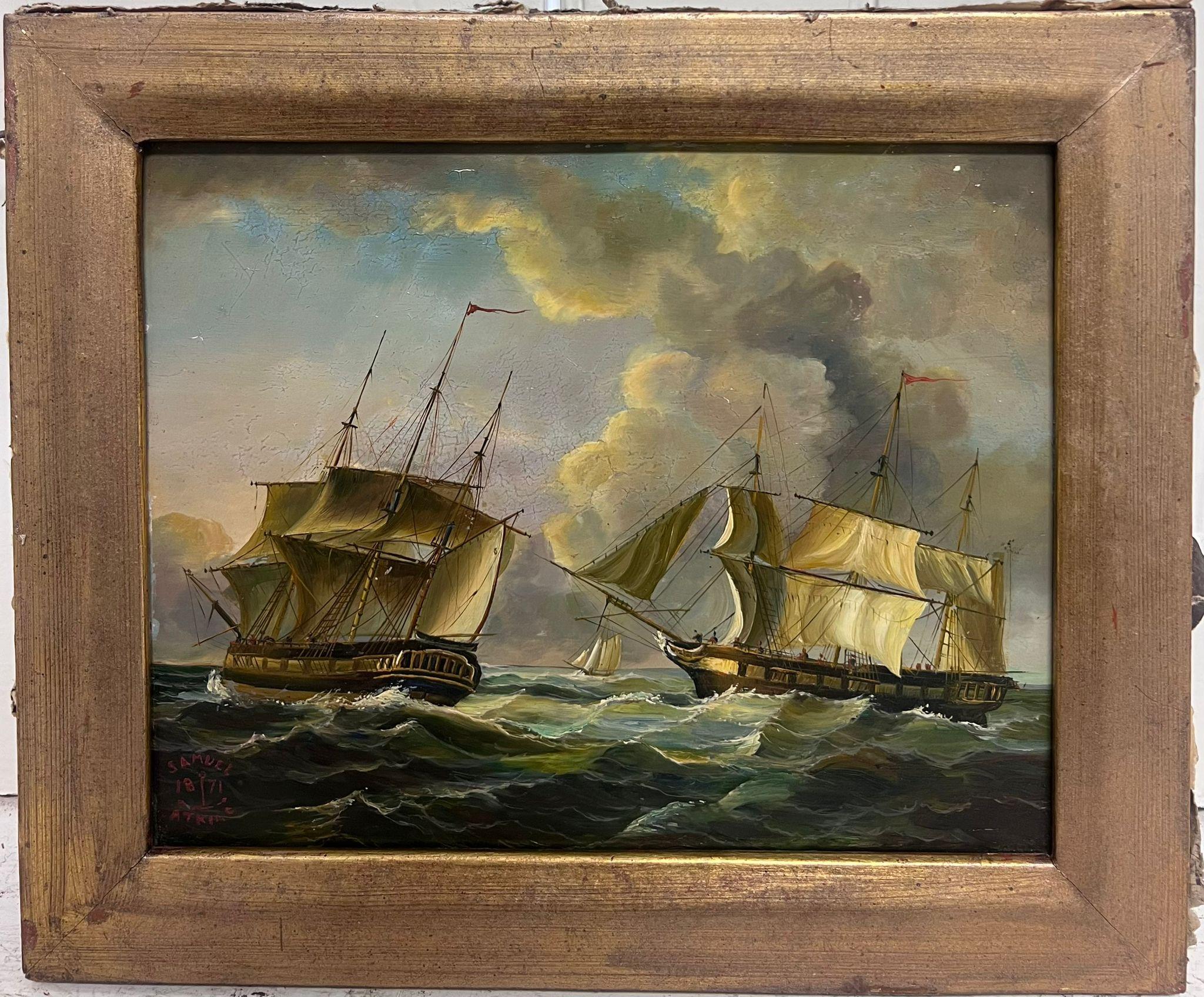 Pittura ad olio di marina vittoriana del 19° secolo inglese Tre navi a vela a forma di albero - Painting di Samuel Atkins