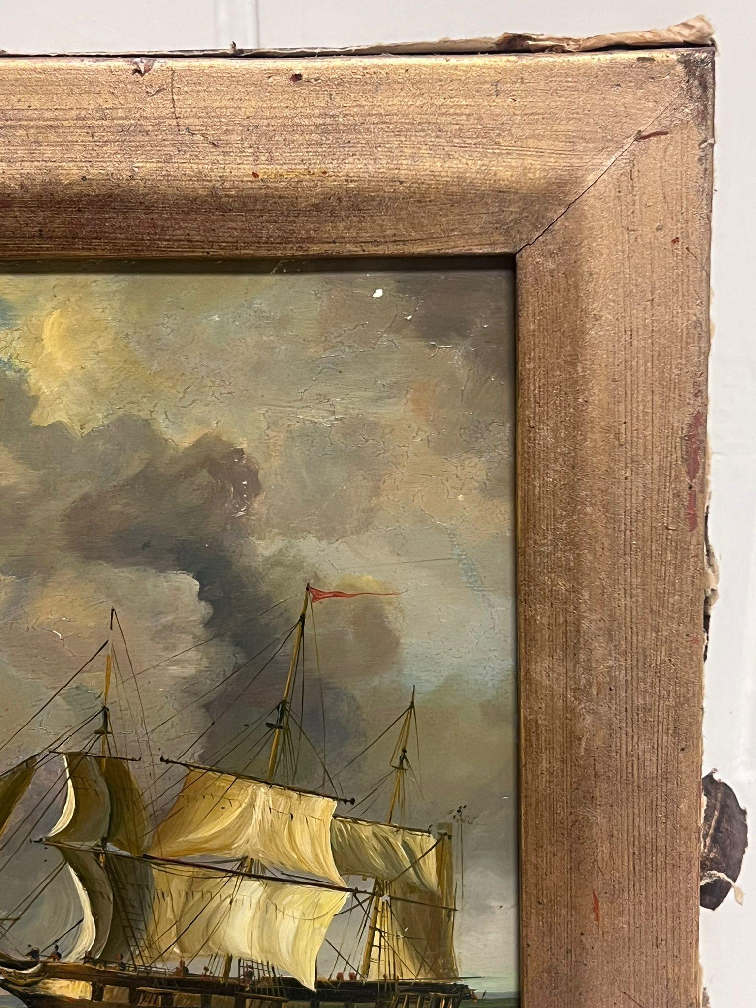 Pittura ad olio di marina vittoriana del 19° secolo inglese Tre navi a vela a forma di albero - Painting Scuola inglese di Samuel Atkins