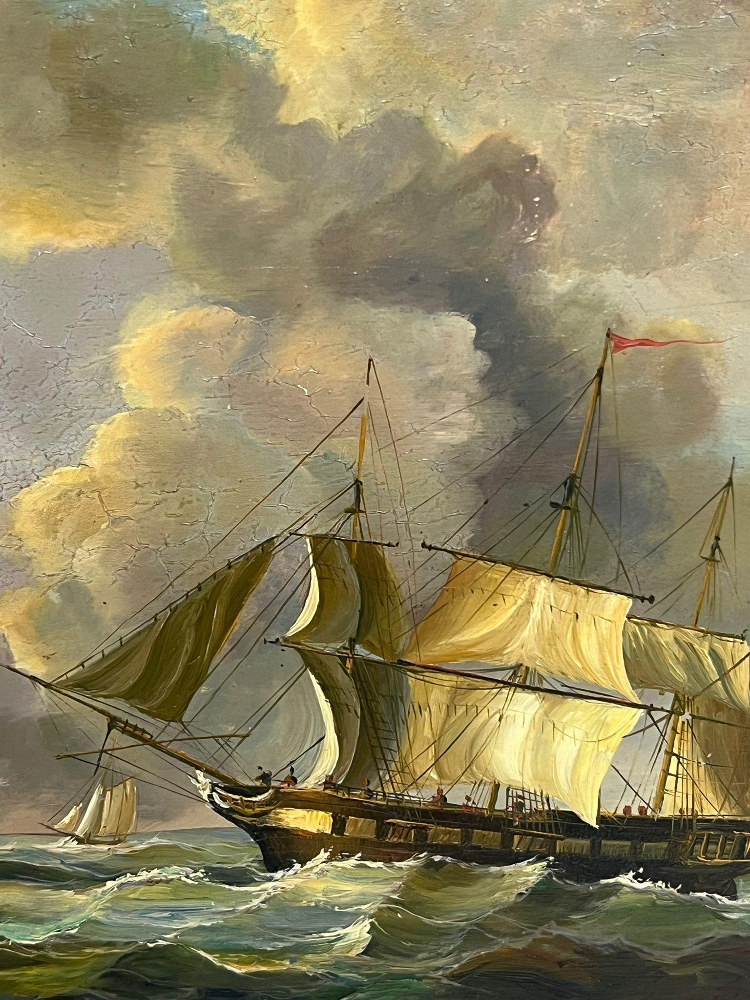 Pittura ad olio di marina vittoriana del 19° secolo inglese Tre navi a vela a forma di albero 1