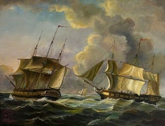 Pittura ad olio di marina vittoriana del 19° secolo inglese Tre navi a vela a forma di albero