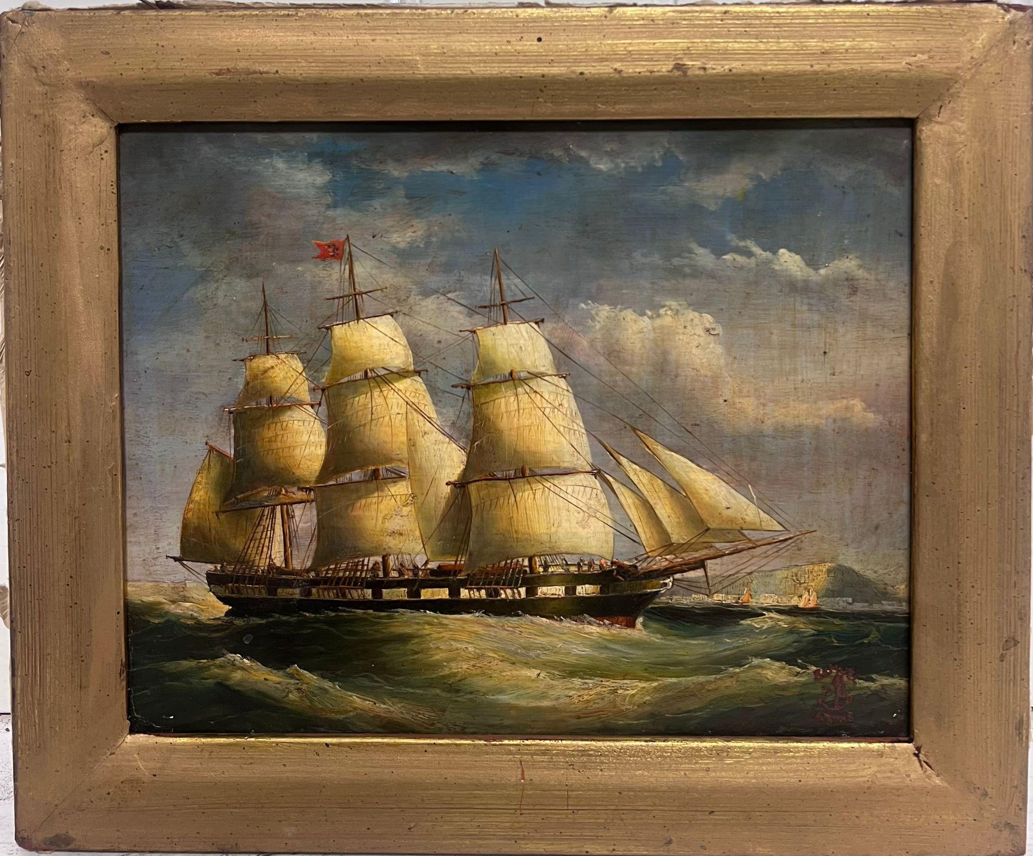 Feines viktorianisches Marine-Ölgemälde d.1872 Classic Segelschiff auf See, signiert – Painting von Samuel Atkins