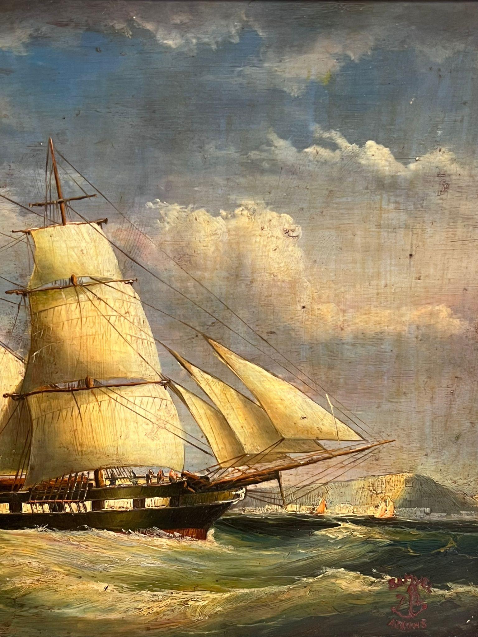 Feines viktorianisches Marine-Ölgemälde d.1872 Classic Segelschiff auf See, signiert (Viktorianisch), Painting, von Samuel Atkins