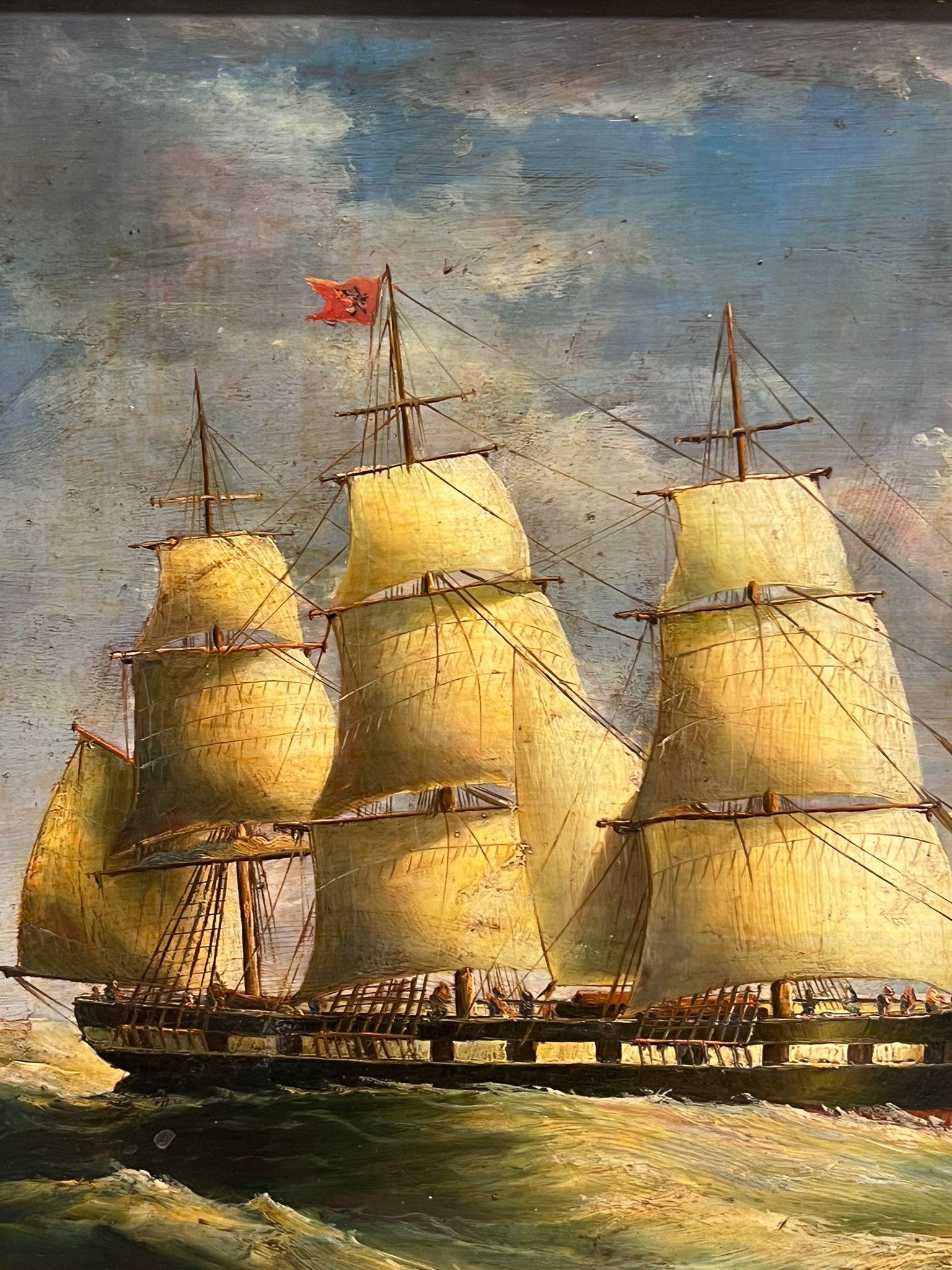 Feines viktorianisches Marine-Ölgemälde d.1872 Classic Segelschiff auf See, signiert (Braun), Figurative Painting, von Samuel Atkins