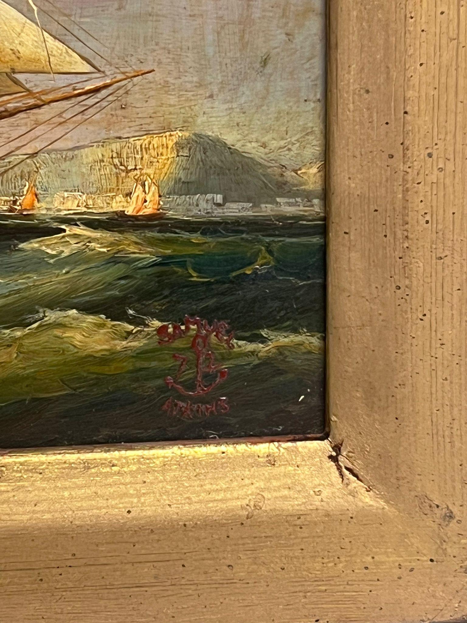 Segelschiff auf See
von Samuel Atkins, Brite 1872
signiert & datiert 1872
Öl auf Karton, gerahmt
Gerahmt: 10 x 12 Zoll
Karton: 7,5 x 9,5 Zoll
Provenienz: Privatsammlung, England
Zustand: schäbiger Rahmen, aber das Gemälde ist in gutem und gesundem