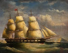 Fine Victorian Marine Oil Painting d.1872 Classic Sailing Ship at Sea, signed
