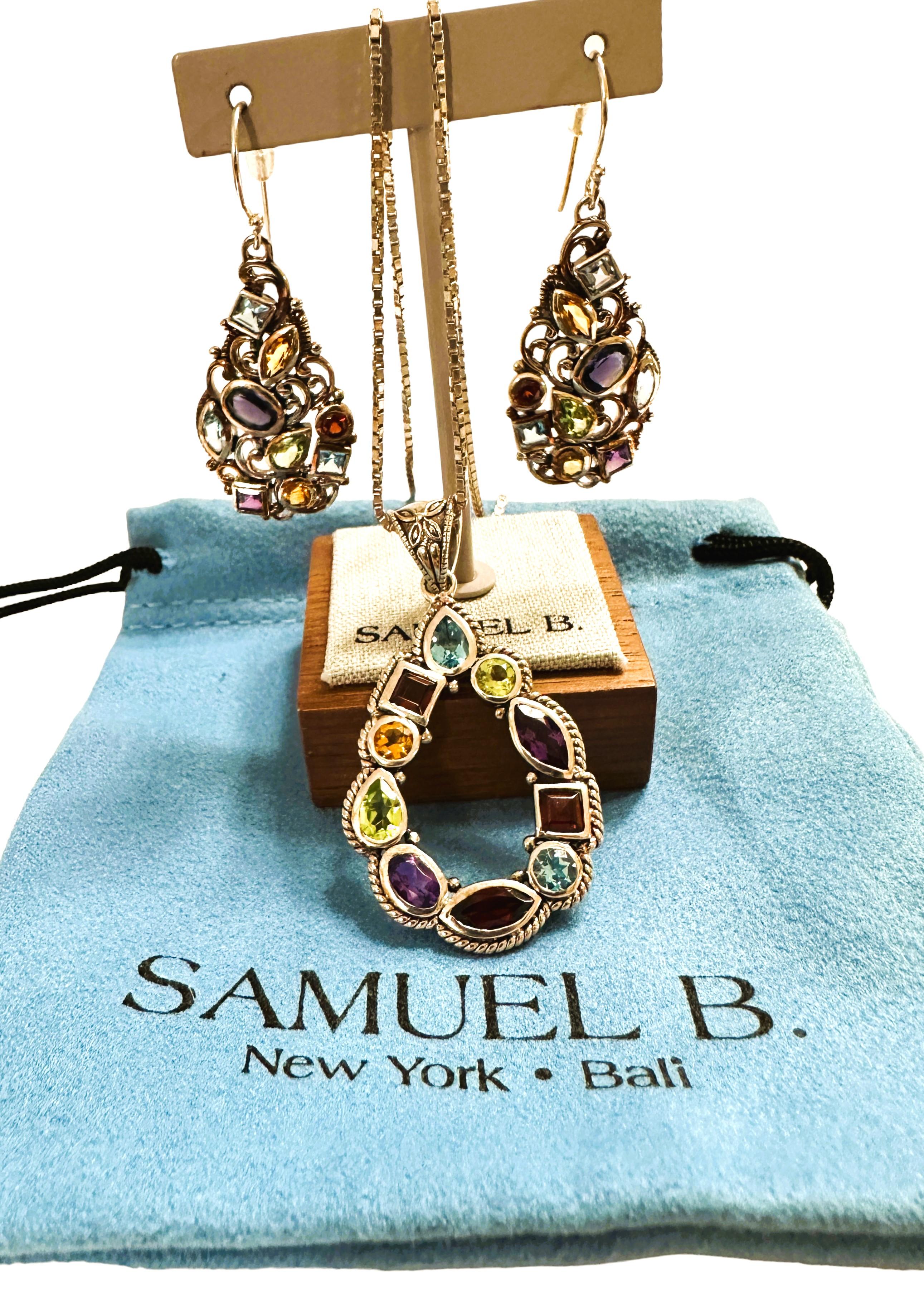 Mixed Cut Samuel B Sterling Multi Color Gemstone Bali Necklace and Earrings For Sale
