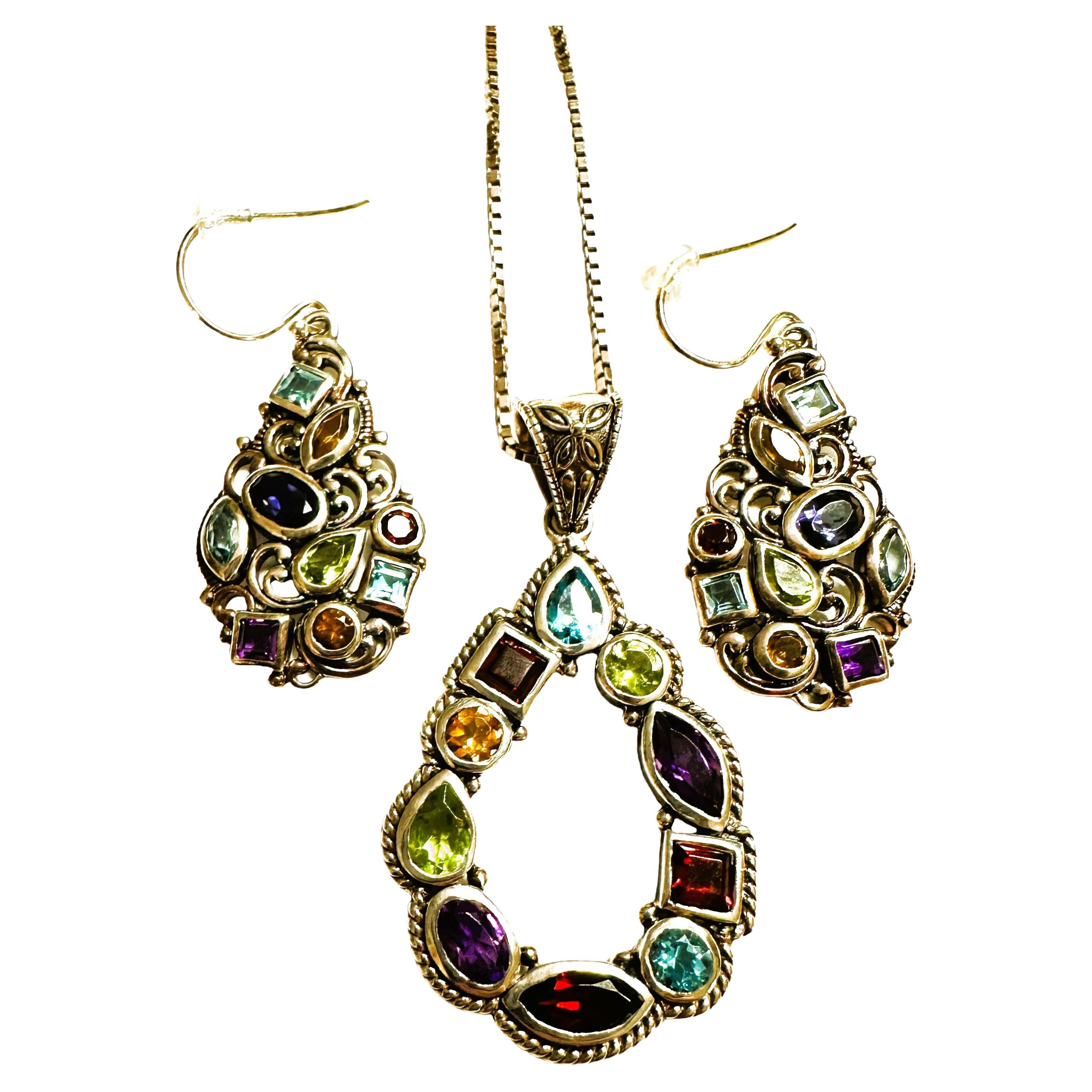 Samuel B Sterling Multi Color Gemstone Bali Necklace and Earrings For Sale