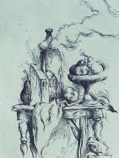 Samuel Bak Surrealist Etching Israeli Bezalel Artist "Hidden Pear", Fruit Bowl