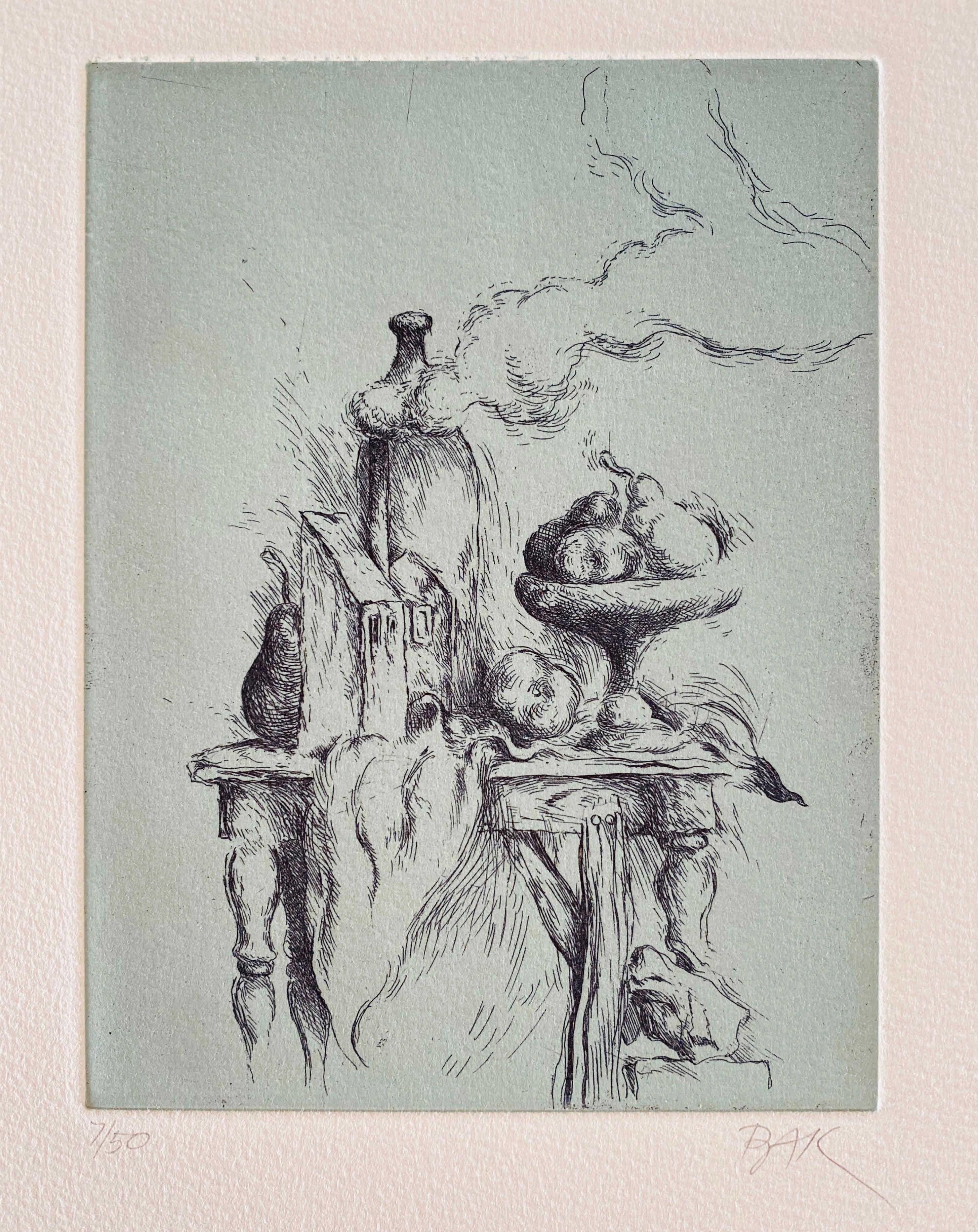 HIDDEN PEAR, acquaforte a colori, firmata a matita, numerata 7/50, timbro a secco del laboratorio Jerusalem Print, immagine 7 ½ x 5 ½", foglio 15 x 10 ¼". 

Samuel Bak (nato il 12 agosto 1933) è un pittore e scrittore polacco-americano sopravvissuto
