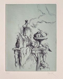 Samuel Bak Surrealistische Radierung Israelischer Bezalel-Künstler „Hidden Pear“, Obstschale
