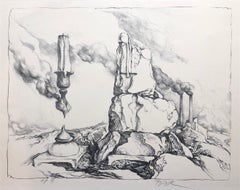 Samuel Bak Surrealist Lithograph Israeli Bezalel Artist Judaica Candlesticks