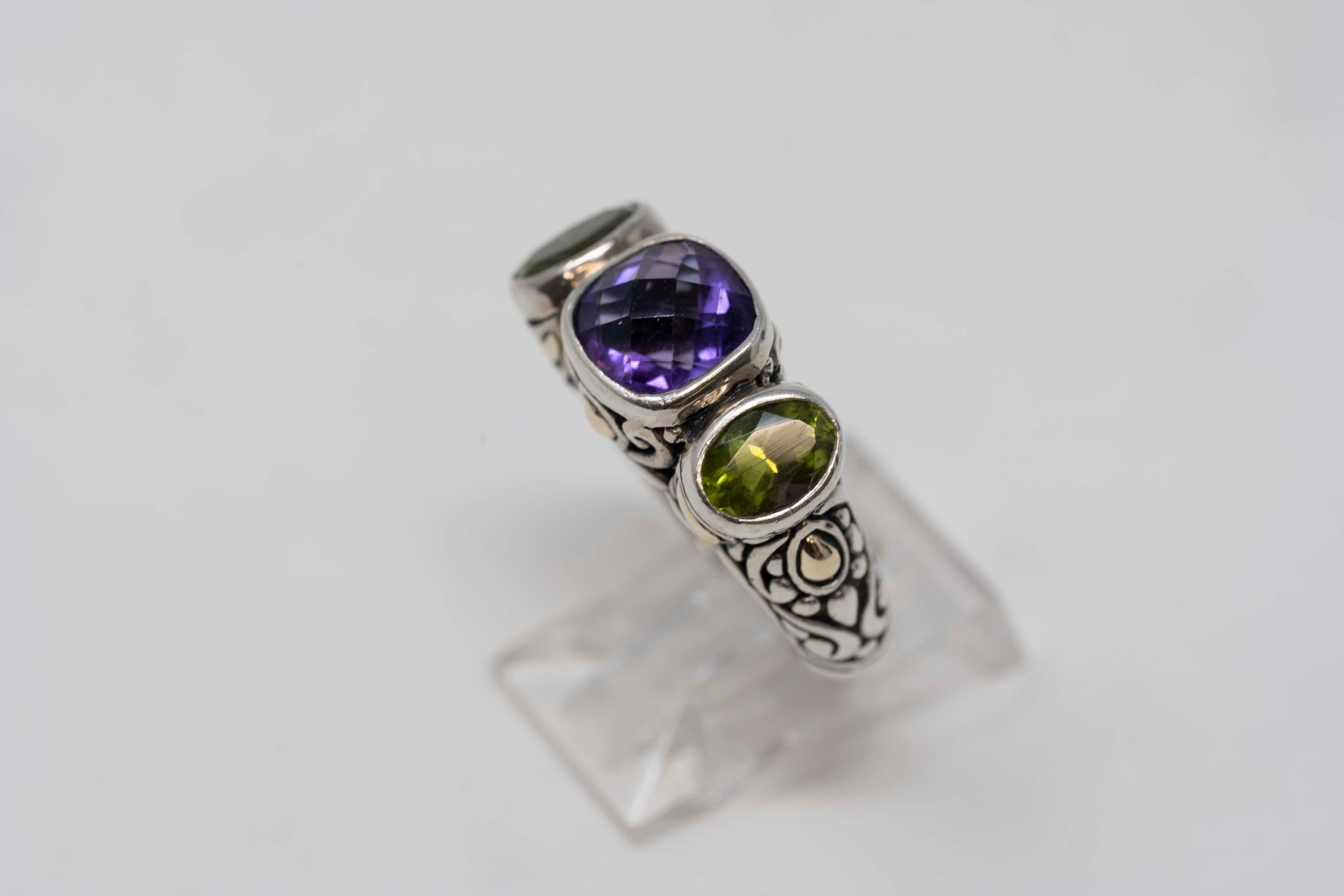 Samuel Benham 18k and 925 silver ring with natural amethyst & peridot gemstones, stamped inside B.J.C. 925, size 7 3/4, preowned.
