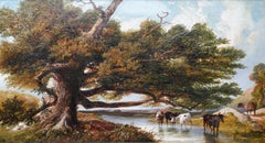 Rinder watering in a Landscape – britisches viktorianisches Ölgemälde des 19. Jahrhunderts