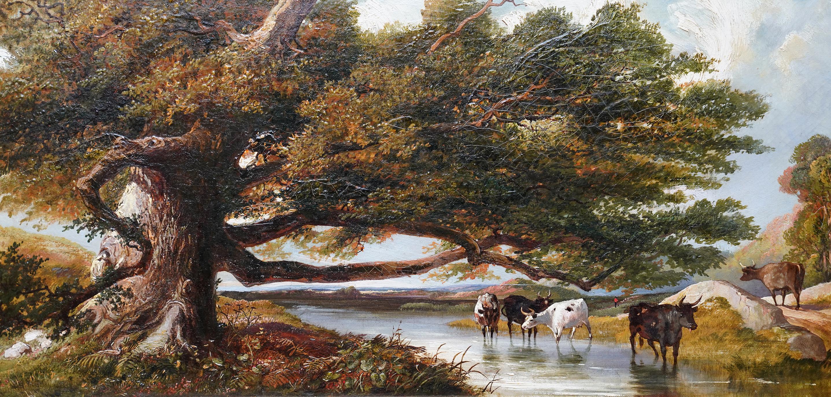 Cattle Watering in a Landscape - British 19th century art Victorian oil painting For Sale 1