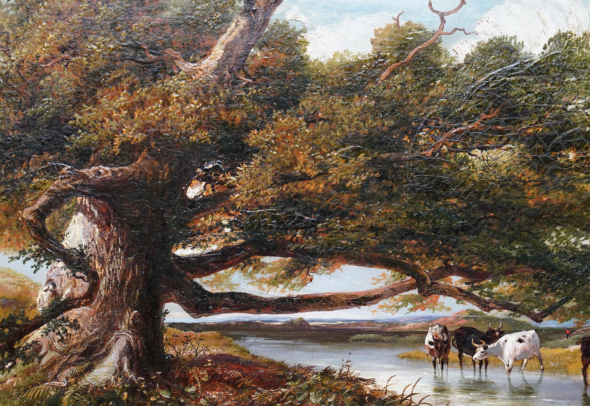 Cattle Watering in a Landscape - British 19th century art Victorian oil painting For Sale 2