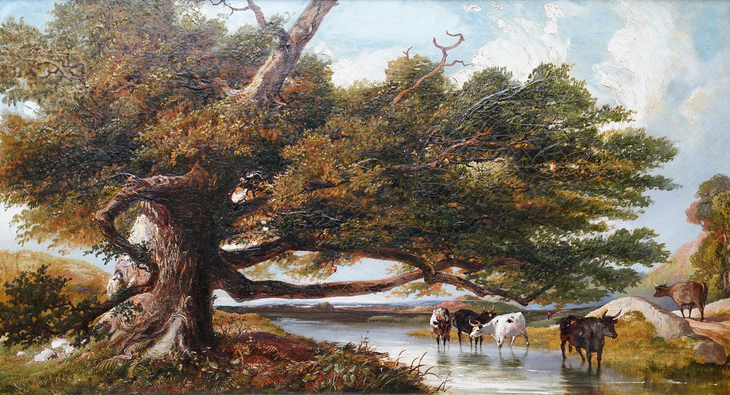 Cattle Watering in a Landscape - British 19th century art Victorian oil painting For Sale 6