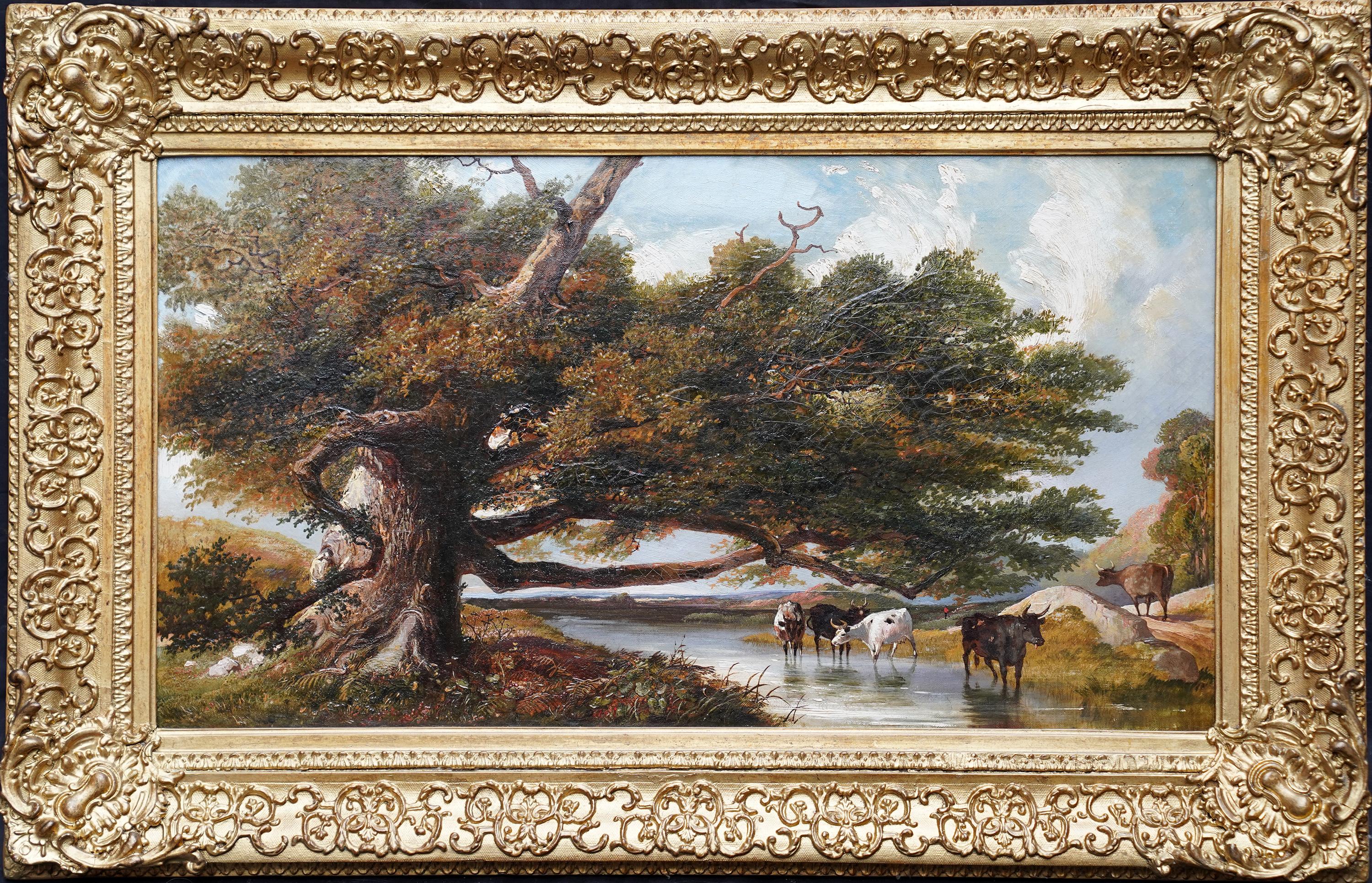 Bétail s'abreuvant dans un paysage - Art britannique du 19e siècle Peinture à l'huile victorienne