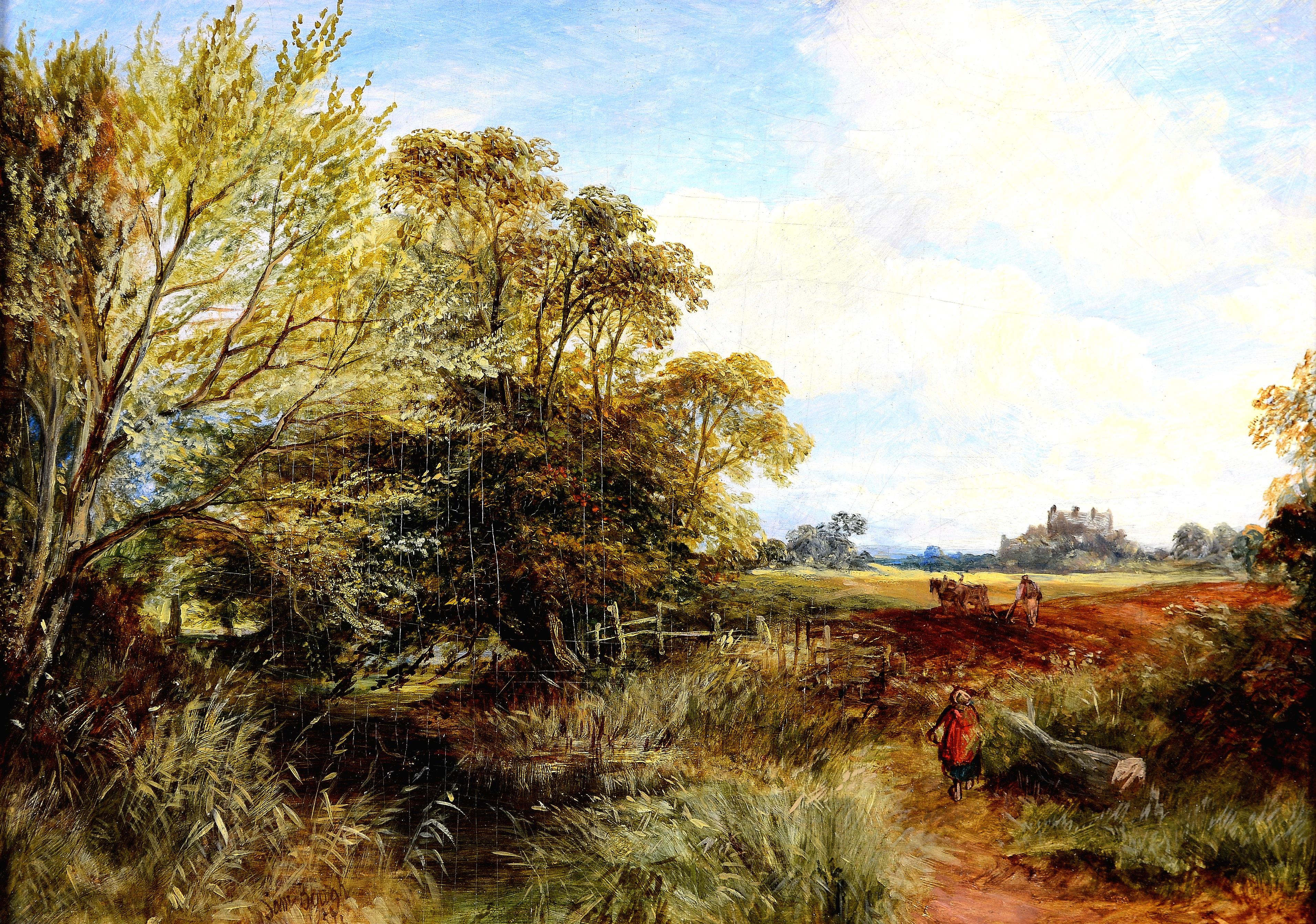 Labourage - Antique peinture à l'huile du 19e siècle d'un paysage britannique paisible - Painting de Samuel Bough