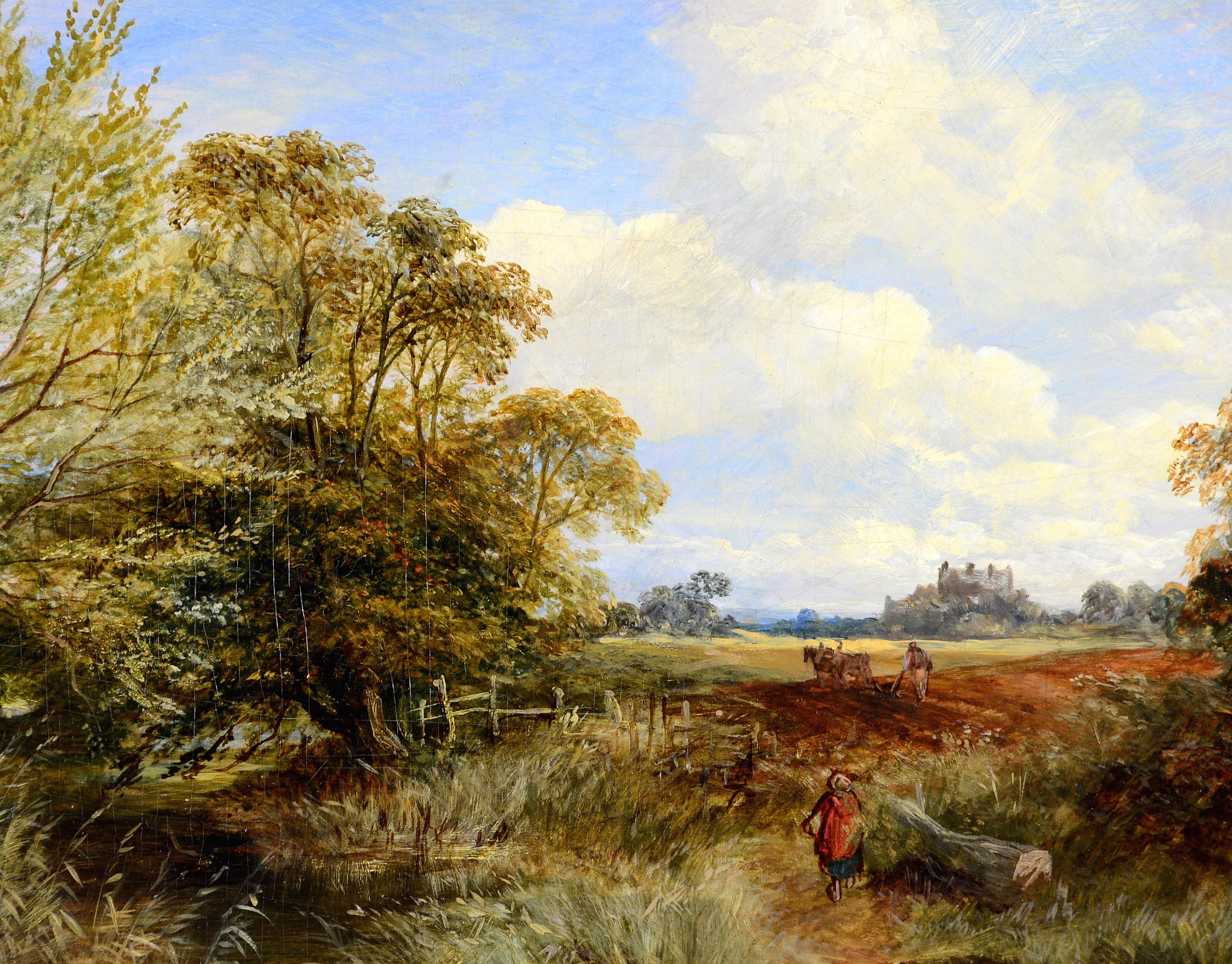 Labourage - Antique peinture à l'huile du 19e siècle d'un paysage britannique paisible - Marron Landscape Painting par Samuel Bough