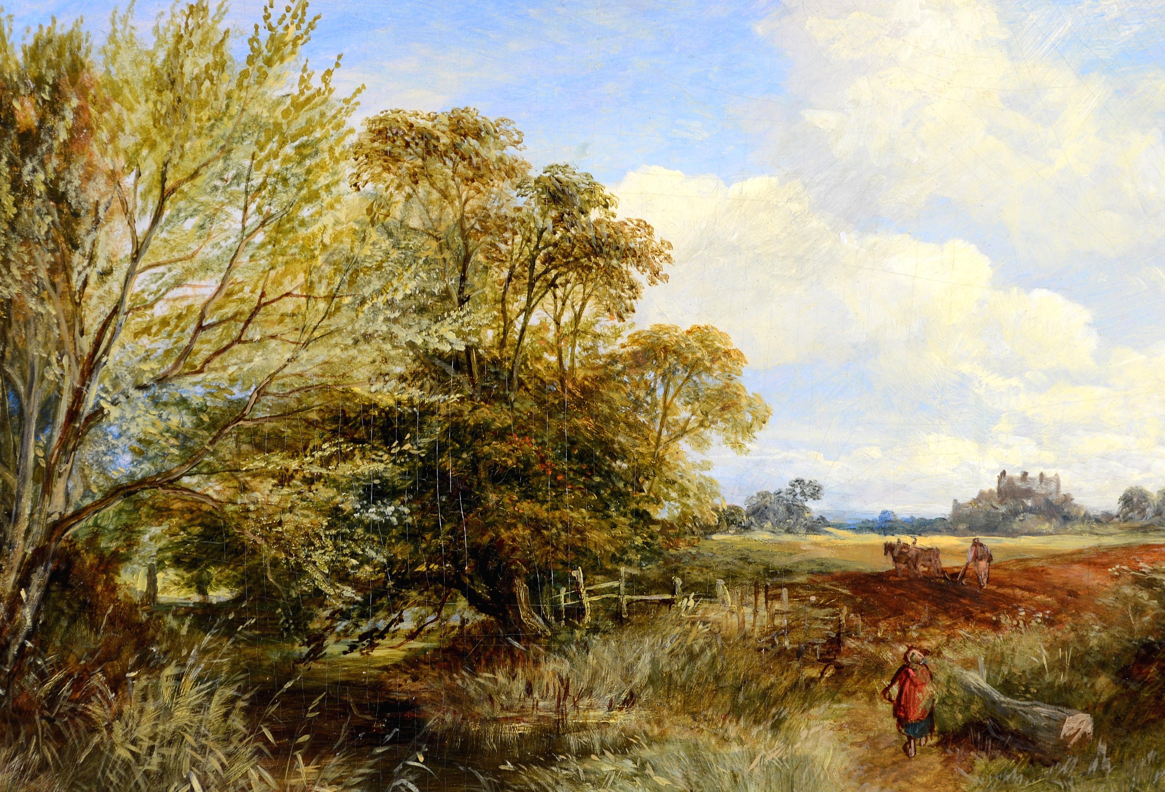 Magnifique huile sur panneau victorienne anglaise du milieu du XIXe siècle représentant un paysage paisible avec un fermier labourant la terre au loin, par Samuel Bough.

Cette œuvre est signée et datée 1854 par l'artiste en bas au centre et est en