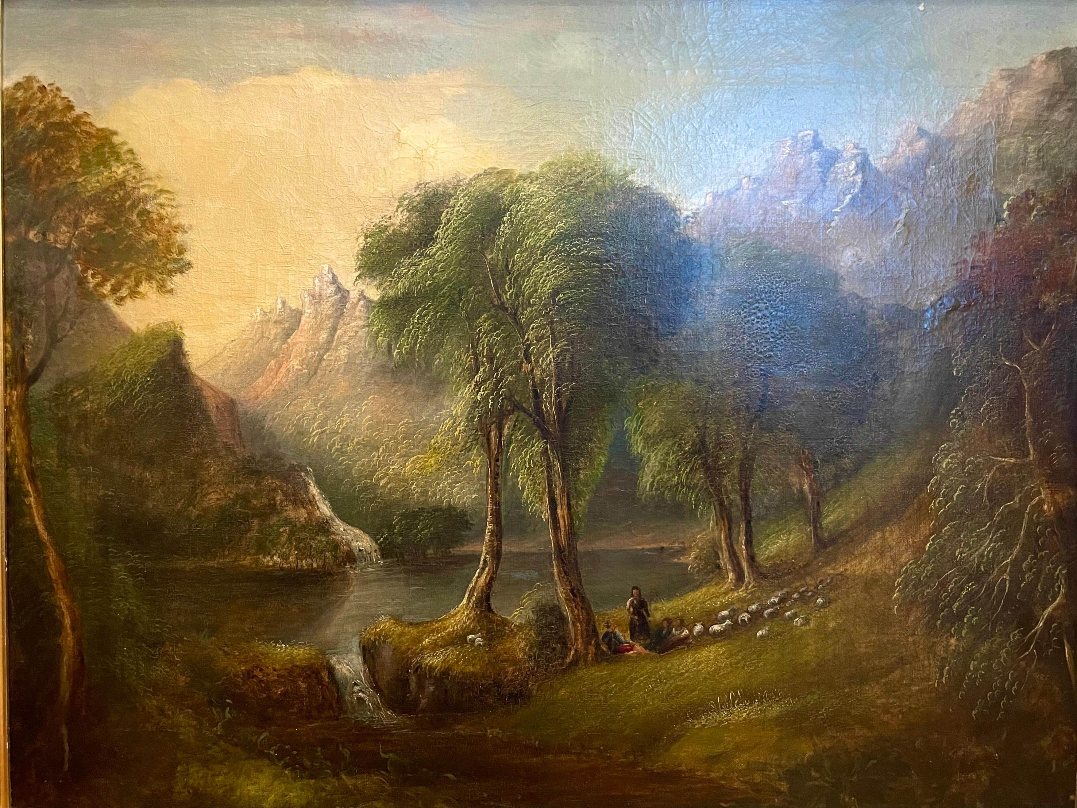 Golden tree with mountain and stream, flock of sheep - Painting by Samuel Bough