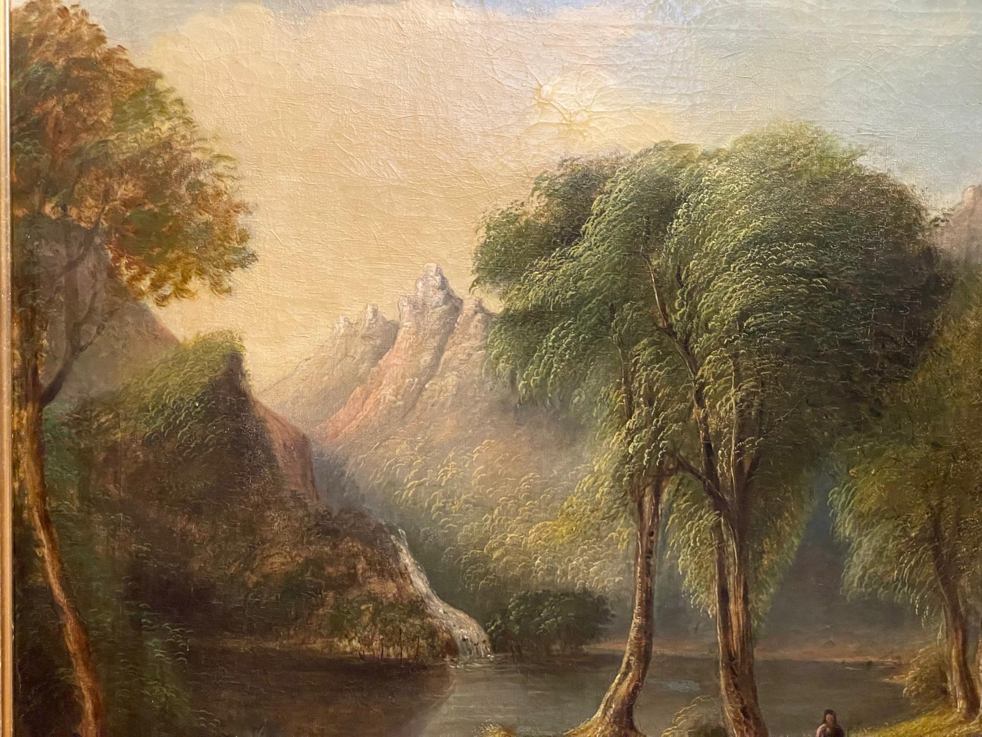 Golden tree with mountain and stream, flock of sheep - Brown Landscape Painting by Samuel Bough