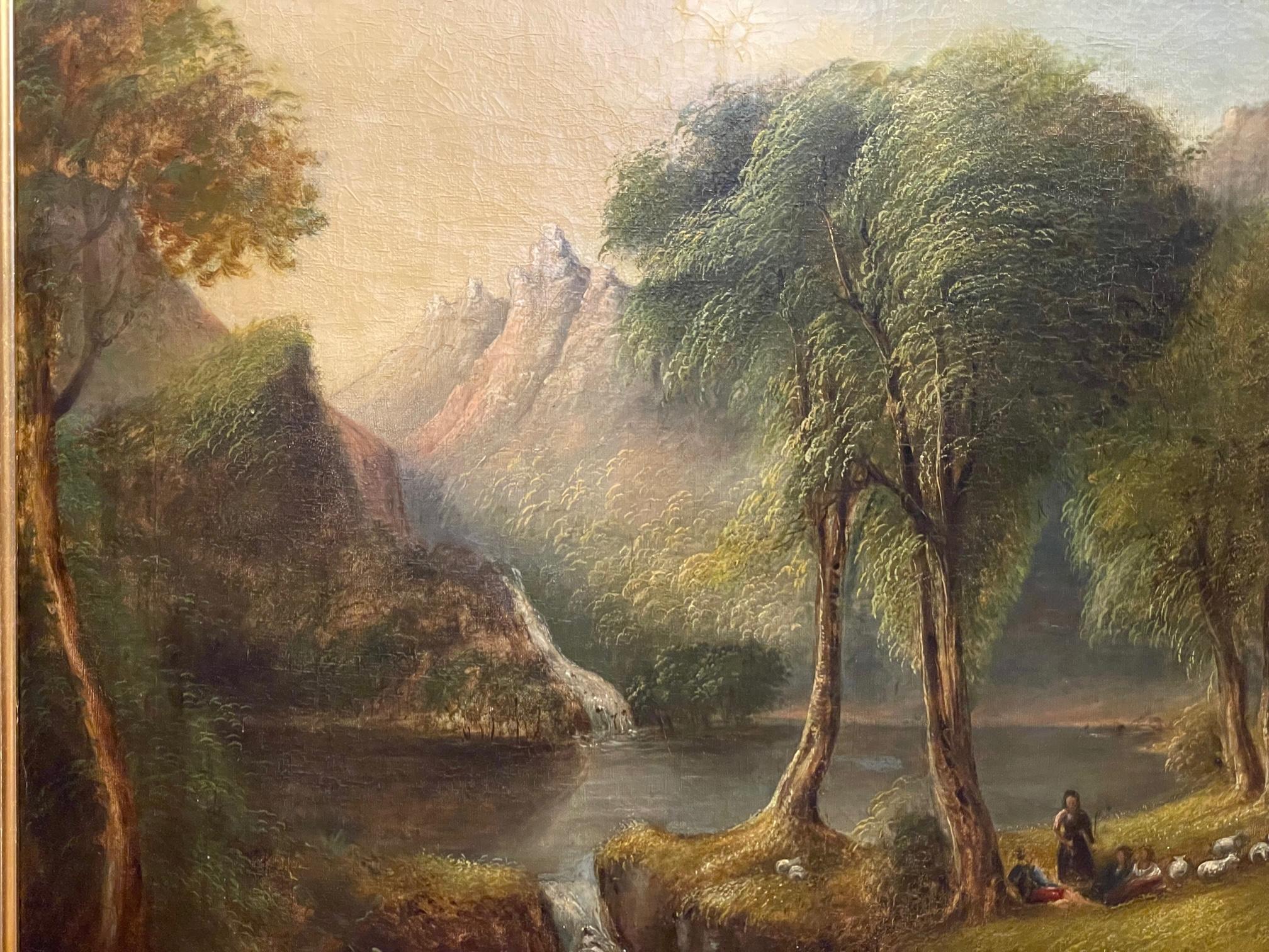 Fine landscape painting from the 1800s with name plate of Samuel Bough, (1822-1878), featuring the artist's skill creating movement with wind in the trees, golden tips catching the sun. The mountains catch the light, and the overall composition is