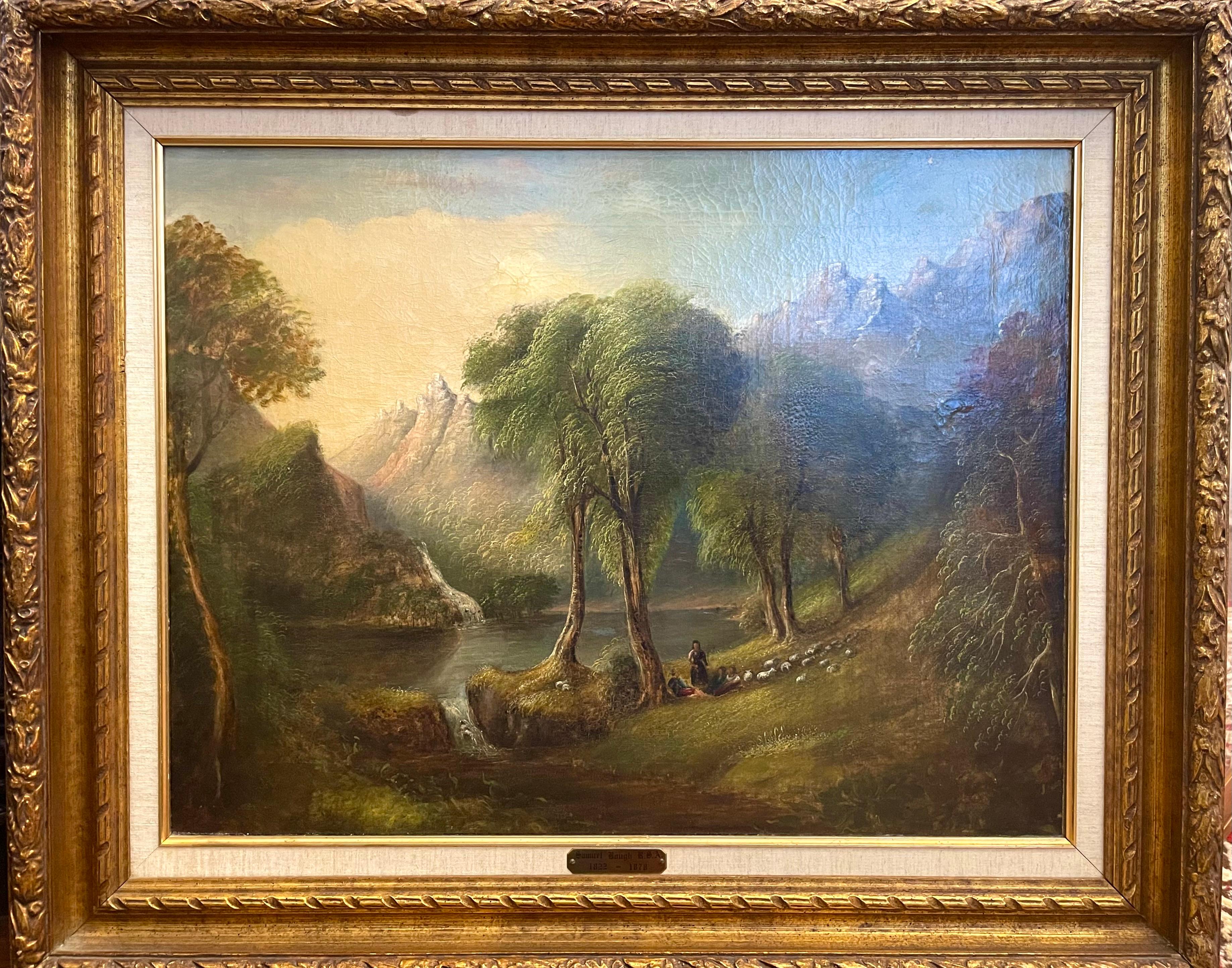 Samuel Bough Landscape Painting - Golden tree with mountain and stream, flock of sheep