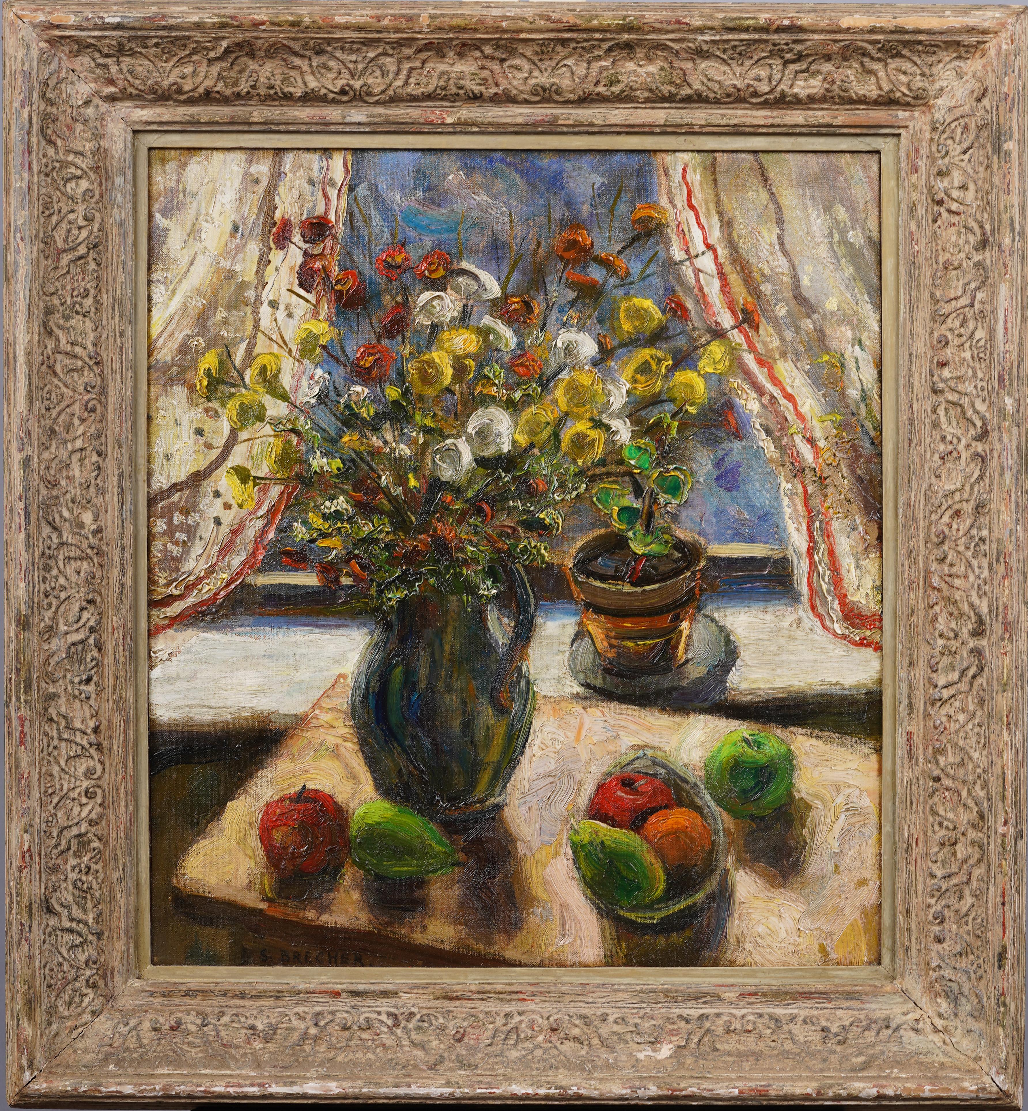 Antique American Modernist Flower Still Life Framed Original Oil Painting - Brown Still-Life Painting by Samuel Brecher
