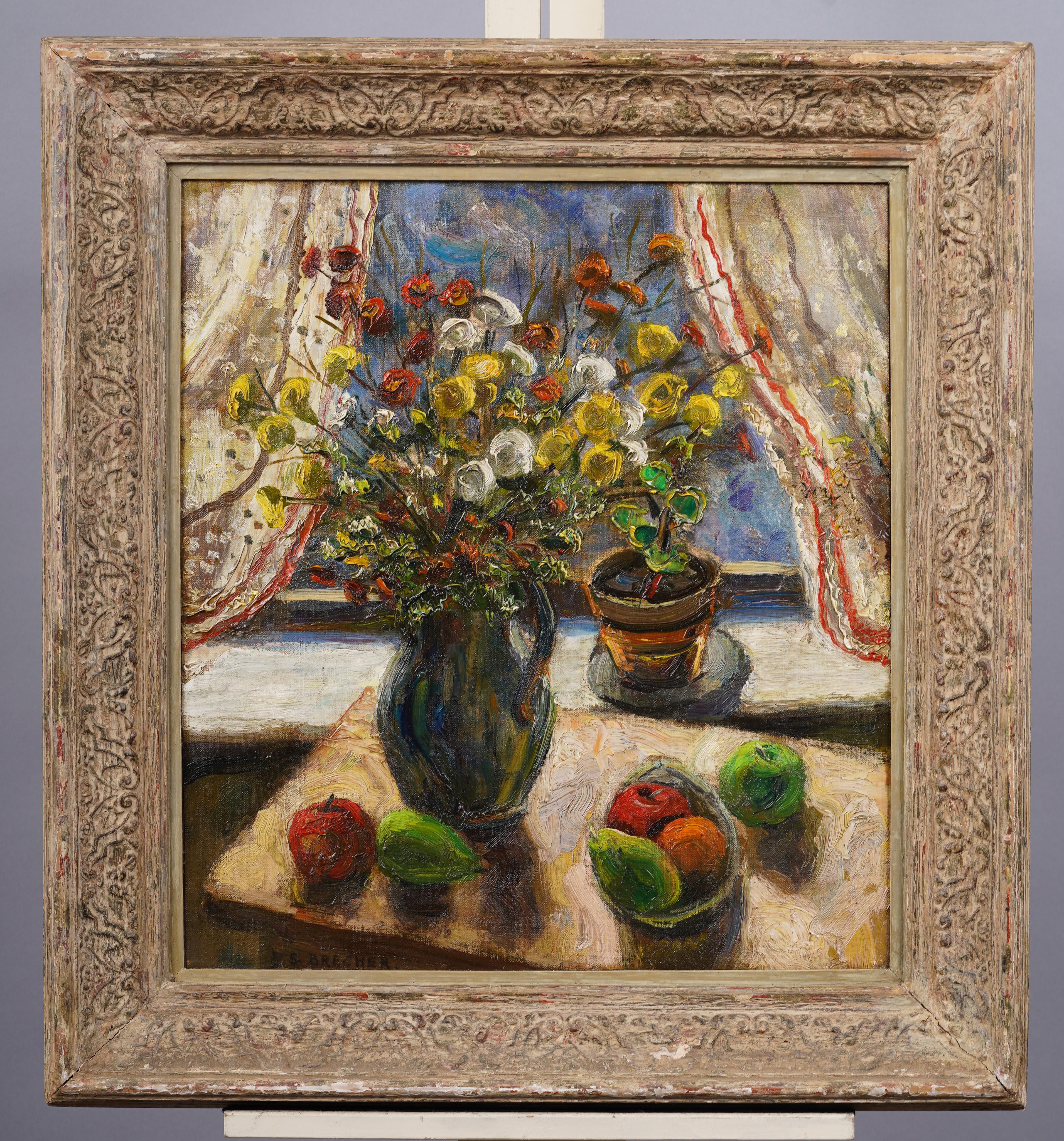 Antique American modernist flower still life oil painting by Samuel Brecher (1897 - 1982). Oil on board. Signed. Framed. Measuring 28  by 30 inches overall and 22 by 24 inches painting alone.   Circa 1940