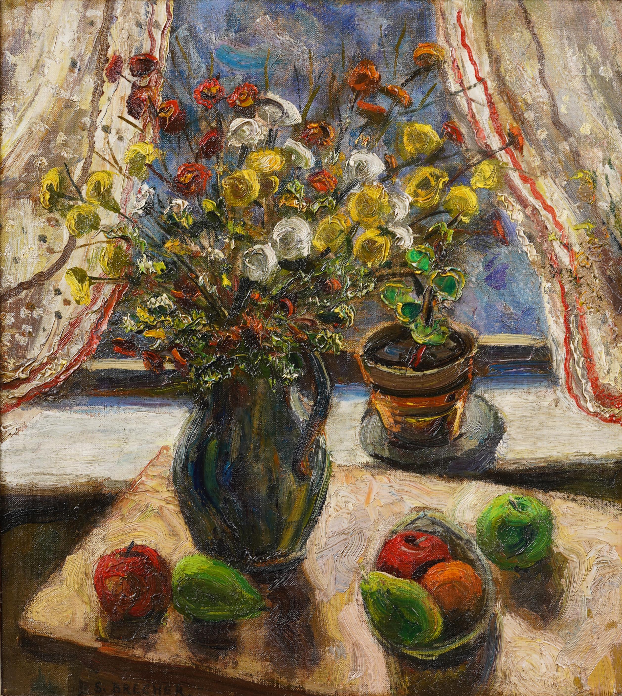 Antique American Modernist Flower Still Life Framed Original Oil Painting For Sale 1
