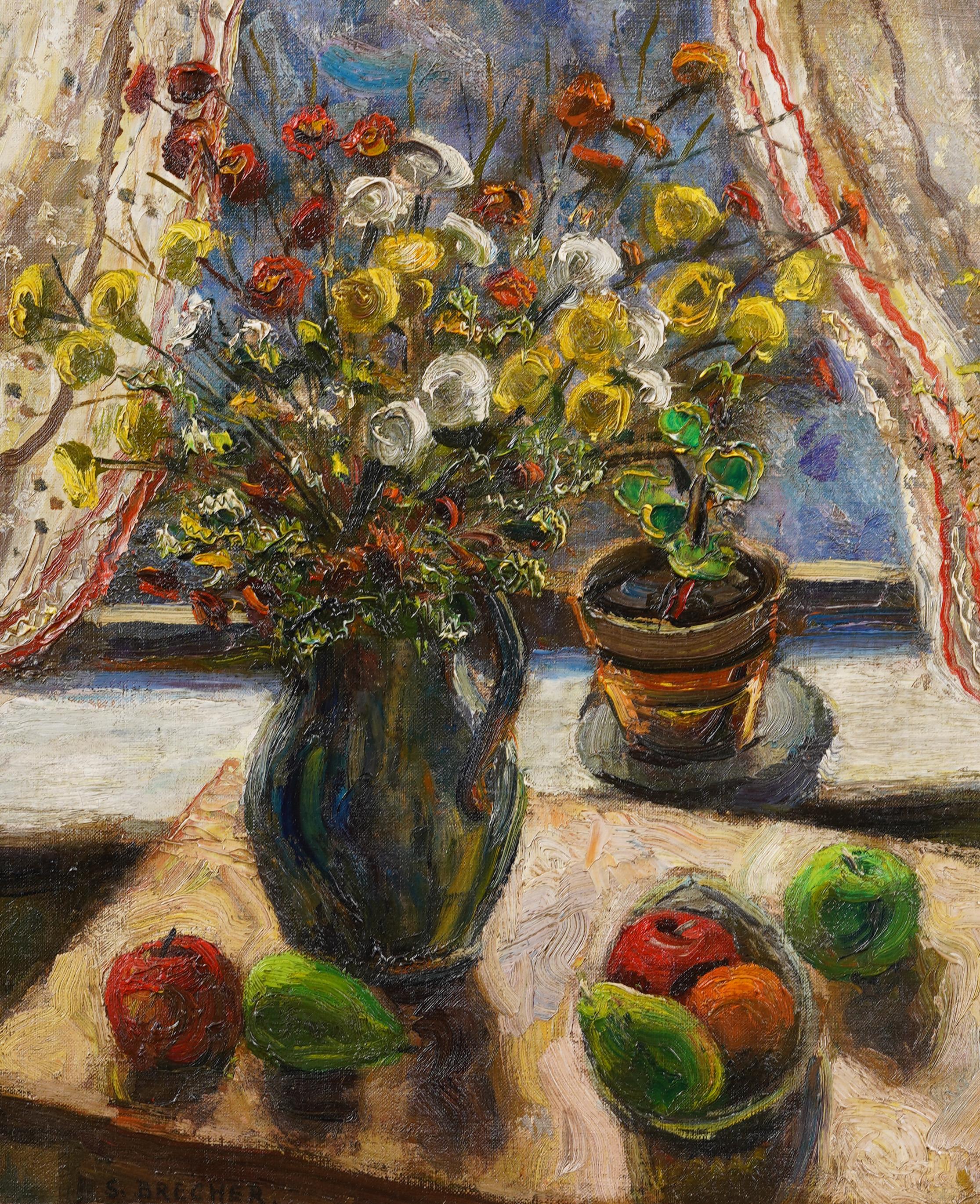 Antique American Modernist Flower Still Life Framed Original Oil Painting For Sale 2