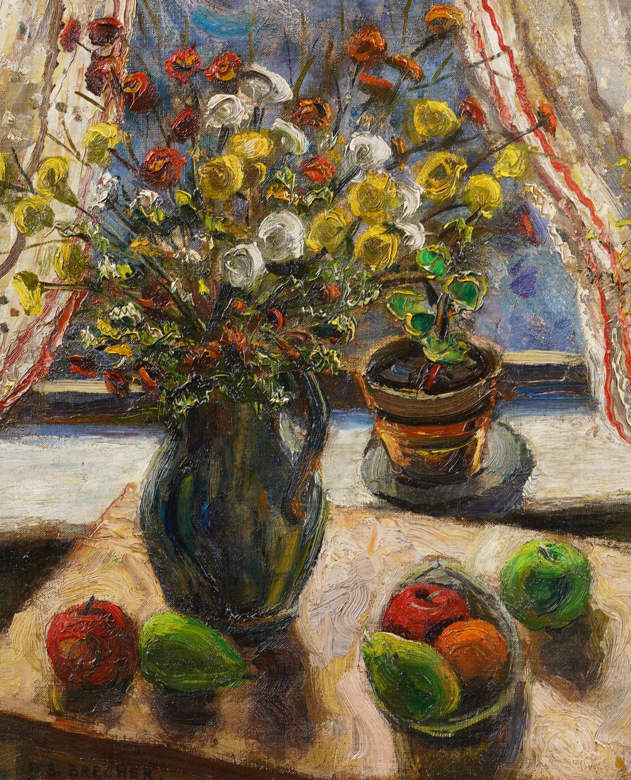 Antique American Modernist Flower Still Life Framed Original Oil Painting For Sale 3