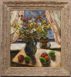 Ancienne peinture à l'huile originale encadrée, nature morte fleurie moderniste américaine