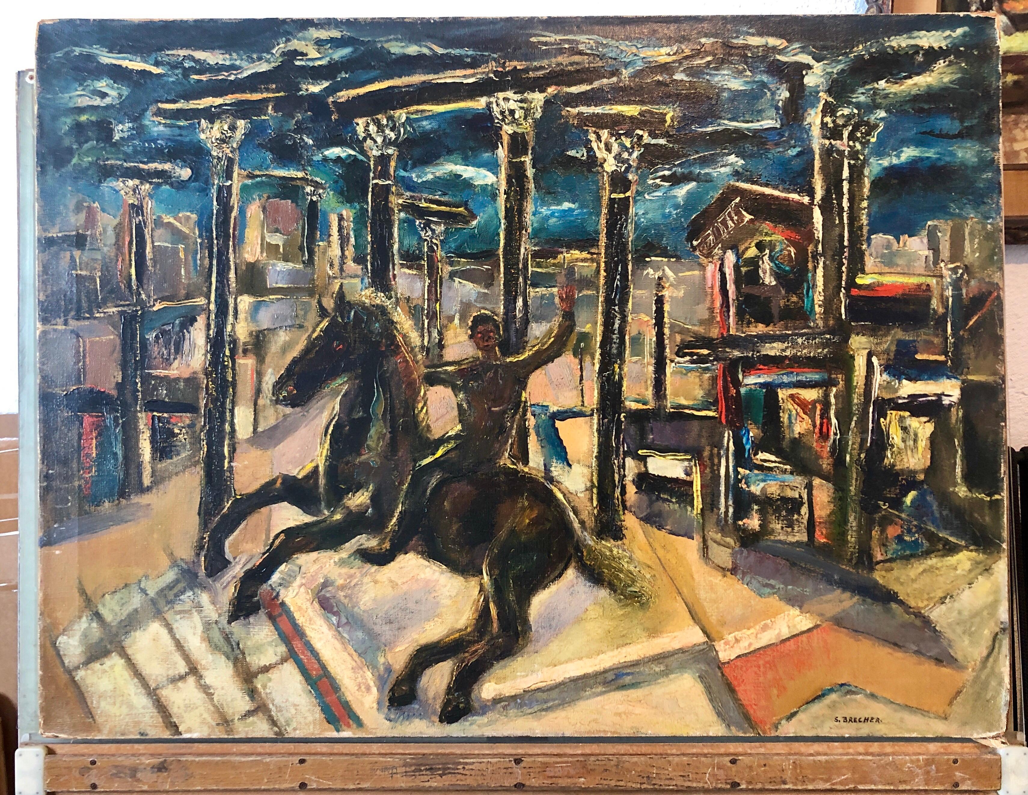 Yesterday's, Surrealist Horse Rider, Architectural Ruins Modernist Oil Painting For Sale 8
