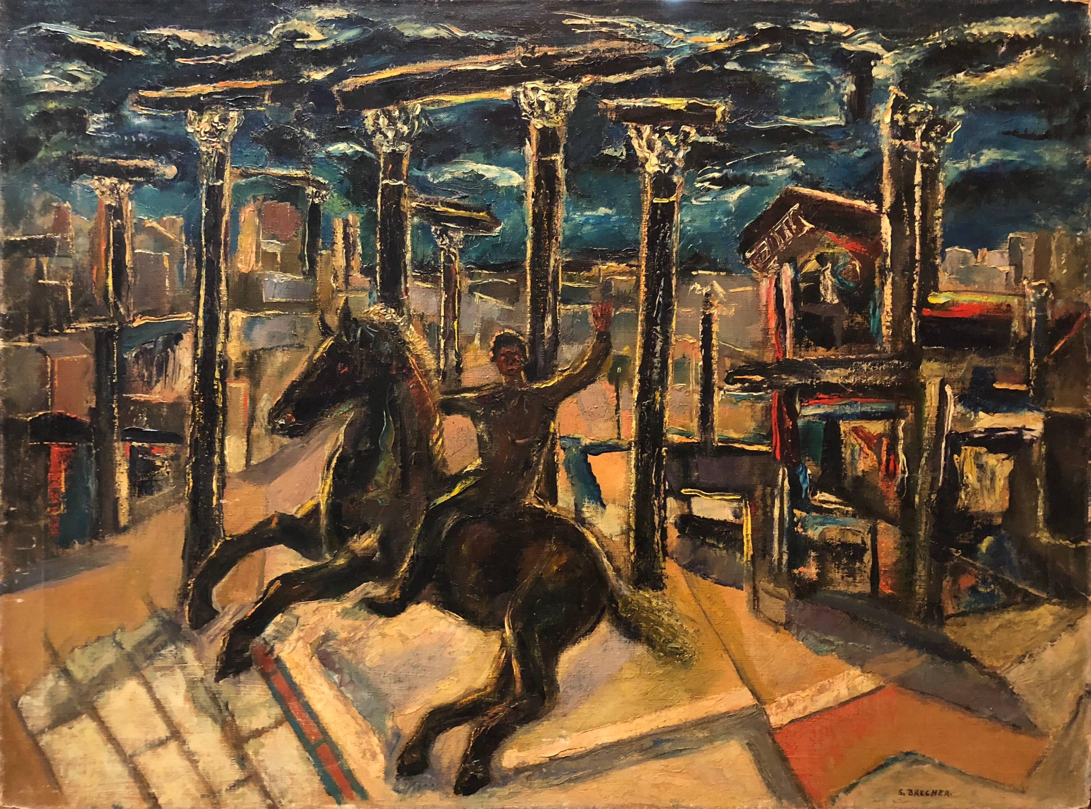 Samuel Brecher Portrait Painting - Yesterday's, Surrealist Horse Rider, Architectural Ruins Modernist Oil Painting