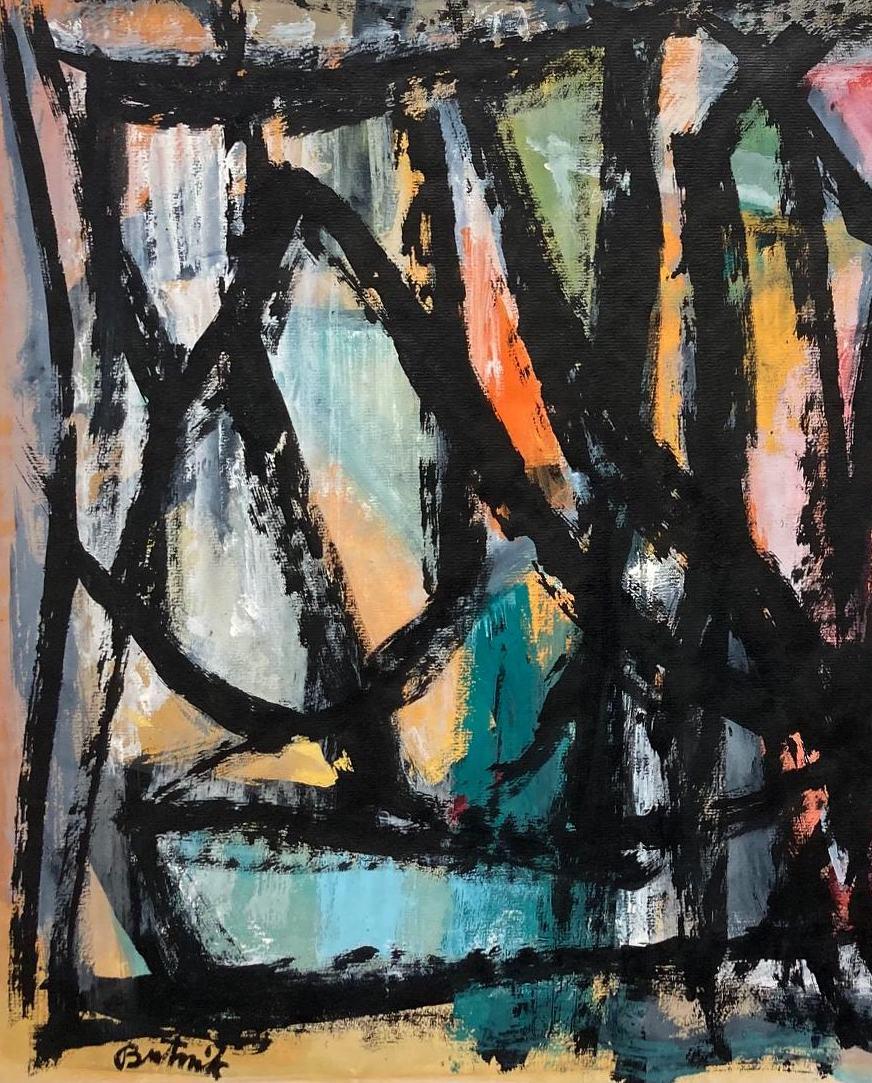Une gouache colorée de 1956 intitulée « Journée à Torromolinos, Espagne » par Samuel Butnik en vente 3