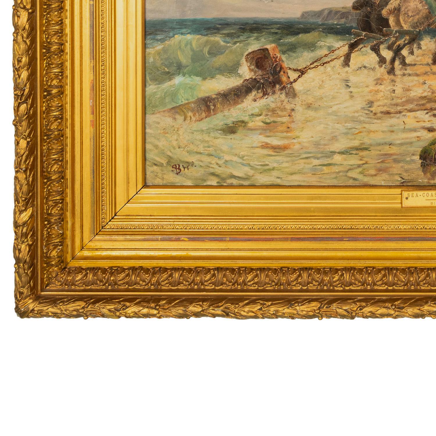 Antique British Pintura al óleo Paisaje marino Escena de costa Naufragio Paisaje Caballos en venta 6