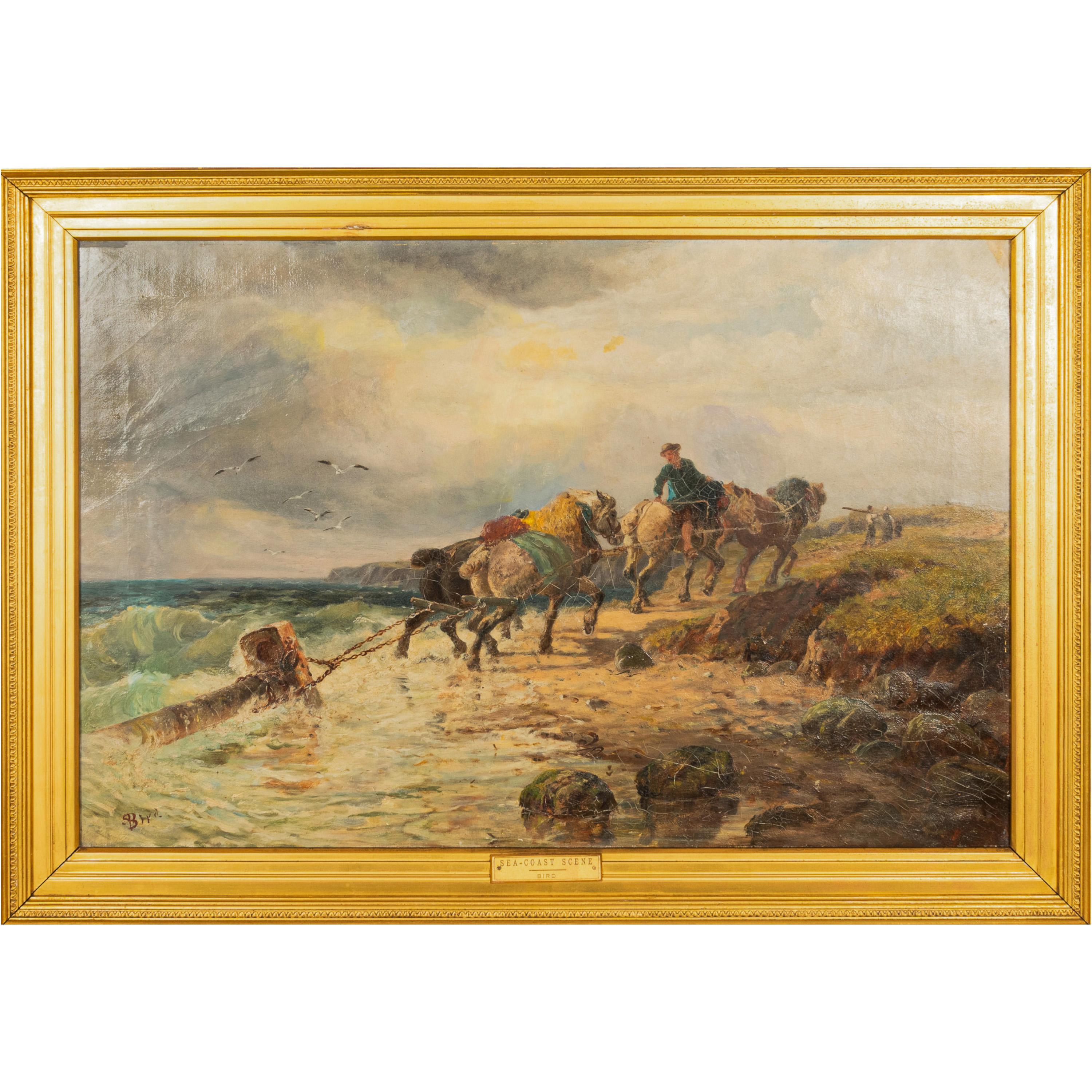 Antique British Pintura al óleo Paisaje marino Escena de costa Naufragio Paisaje Caballos - Painting de Samuel C. Bird
