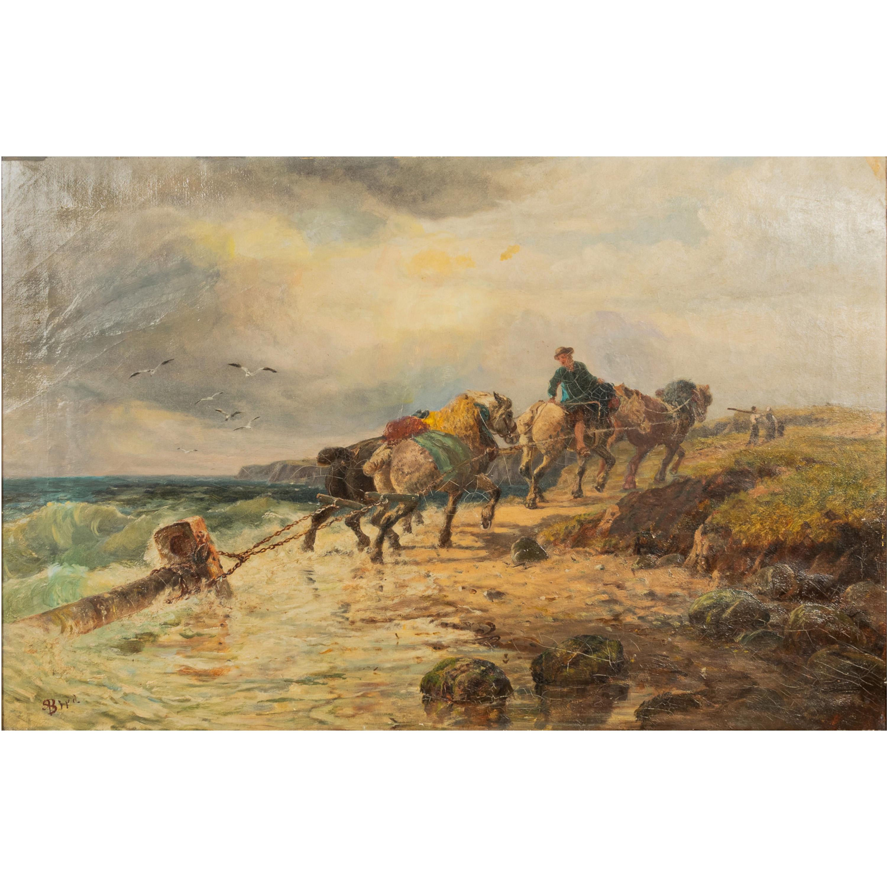 Antique British Pintura al óleo Paisaje marino Escena de costa Naufragio Paisaje Caballos - Painting Escuela inglesa de Samuel C. Bird