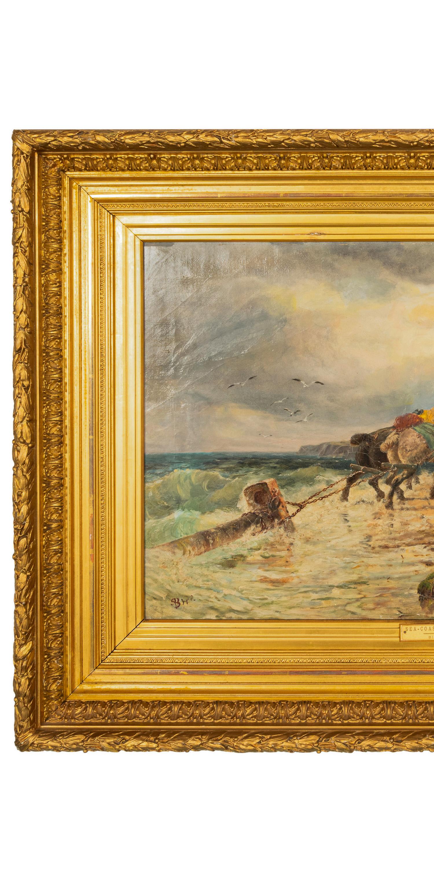 Antique British Pintura al óleo Paisaje marino Escena de costa Naufragio Paisaje Caballos - Landscape Painting Marrón de Samuel C. Bird