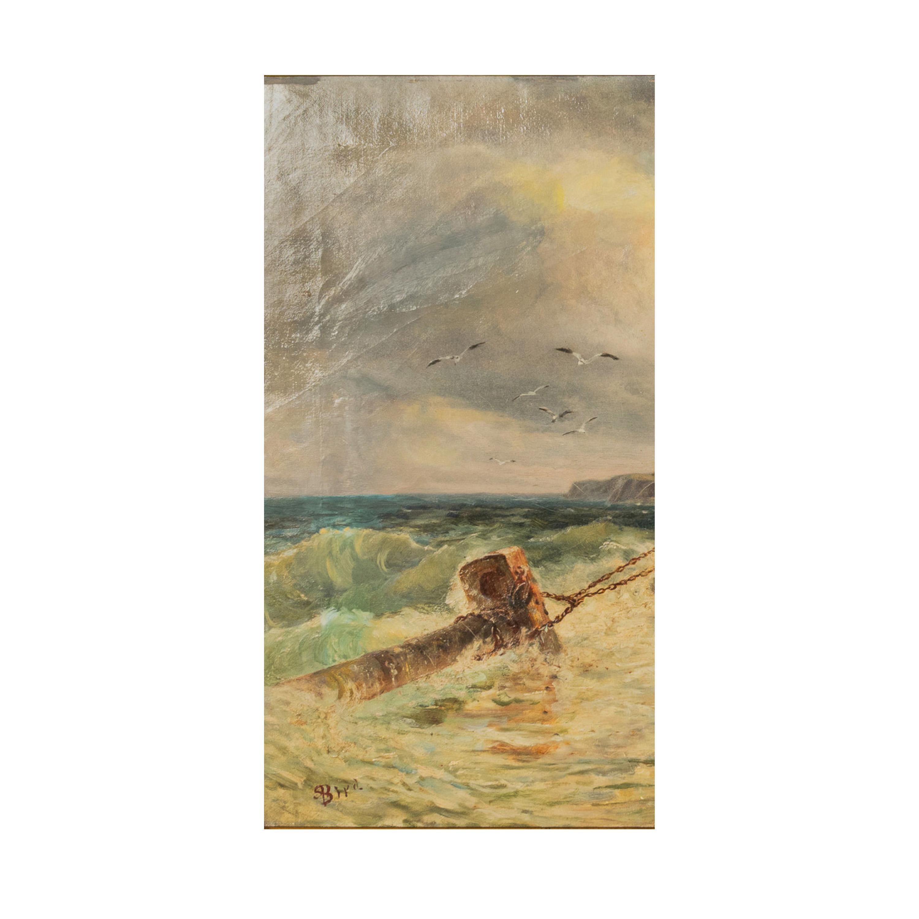 Antique British Pintura al óleo Paisaje marino Escena de costa Naufragio Paisaje Caballos en venta 1