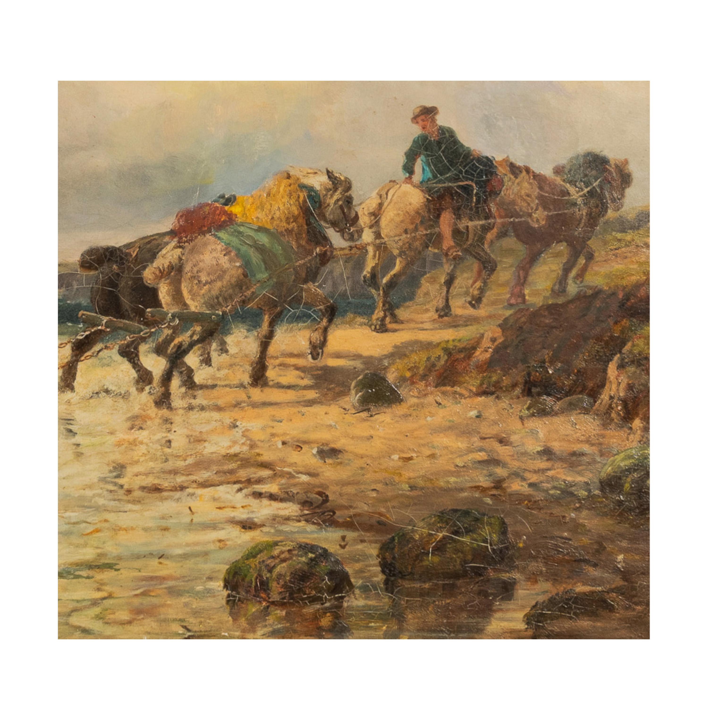 Antique British Pintura al óleo Paisaje marino Escena de costa Naufragio Paisaje Caballos en venta 2