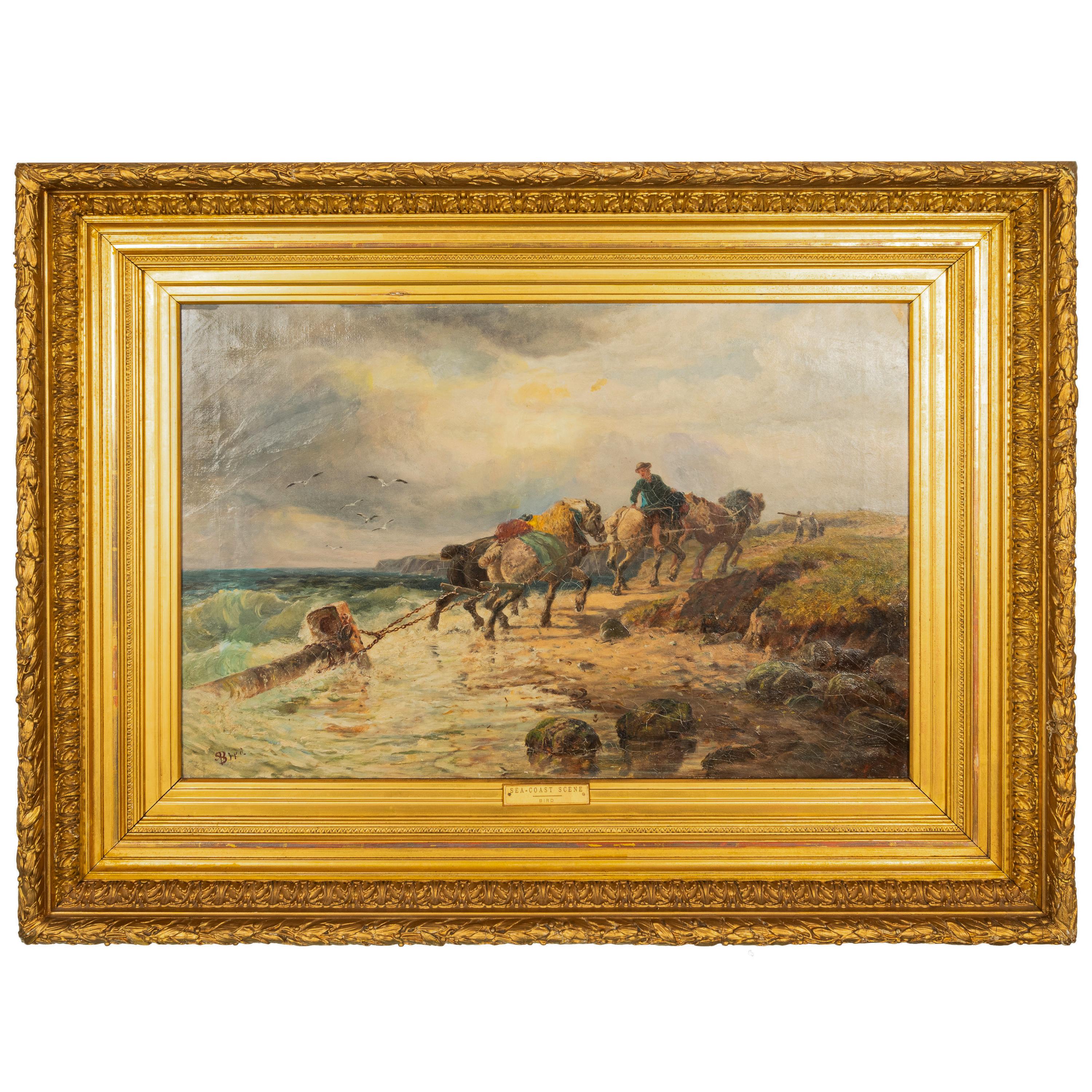 Antique British Oil Painting Seascape Coast Scene Shipwreck Landscape Horses (Paesaggio di naufragio)