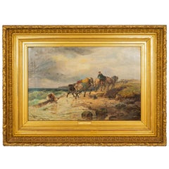 Antique British Oil Painting Seascape Coast Scene Shipwreck Landscape Horses (Paesaggio di naufragio)